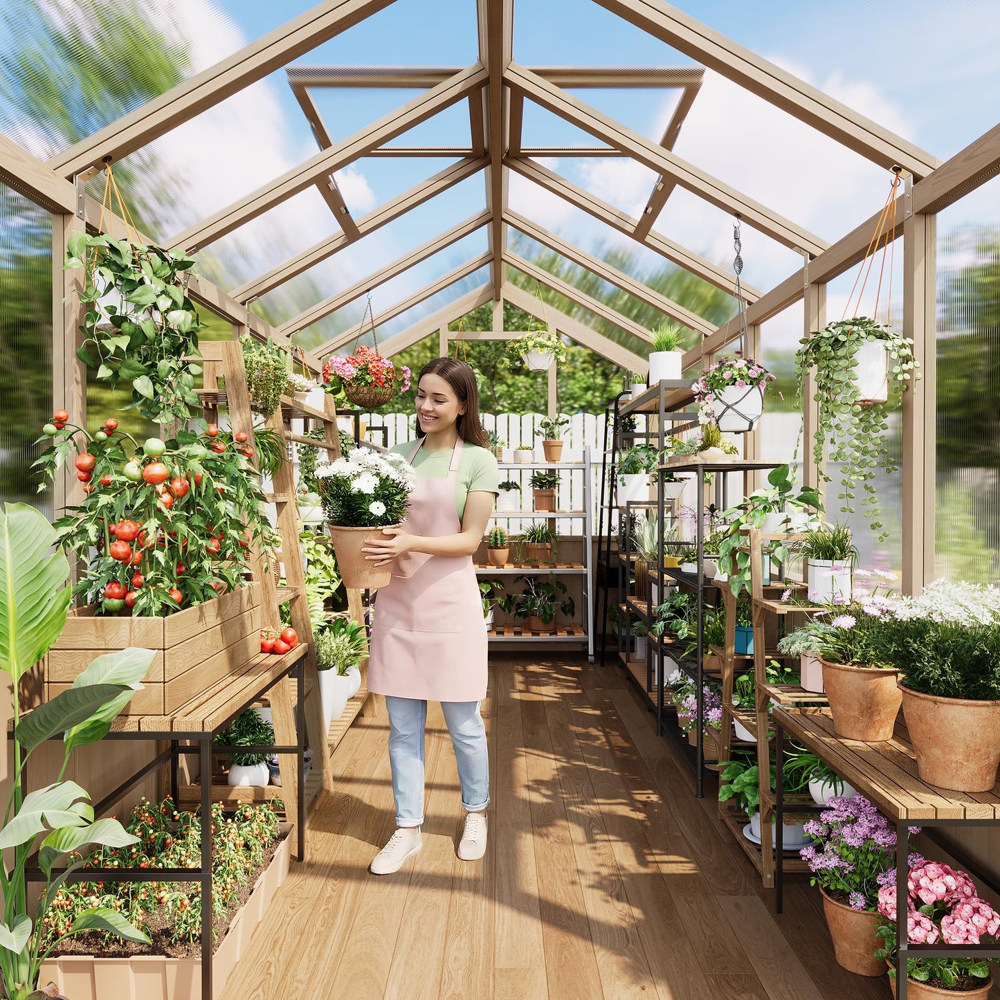 6x12 FT Greenhouse - Large Wooden Greenhouses for Outdoors, Heavy Duty Spruce Frame Greenhouse with PC Panels, Adjustable Roof Vents & Lockable Door, Walk-in Green Houses for Garden, Backyard, Patio