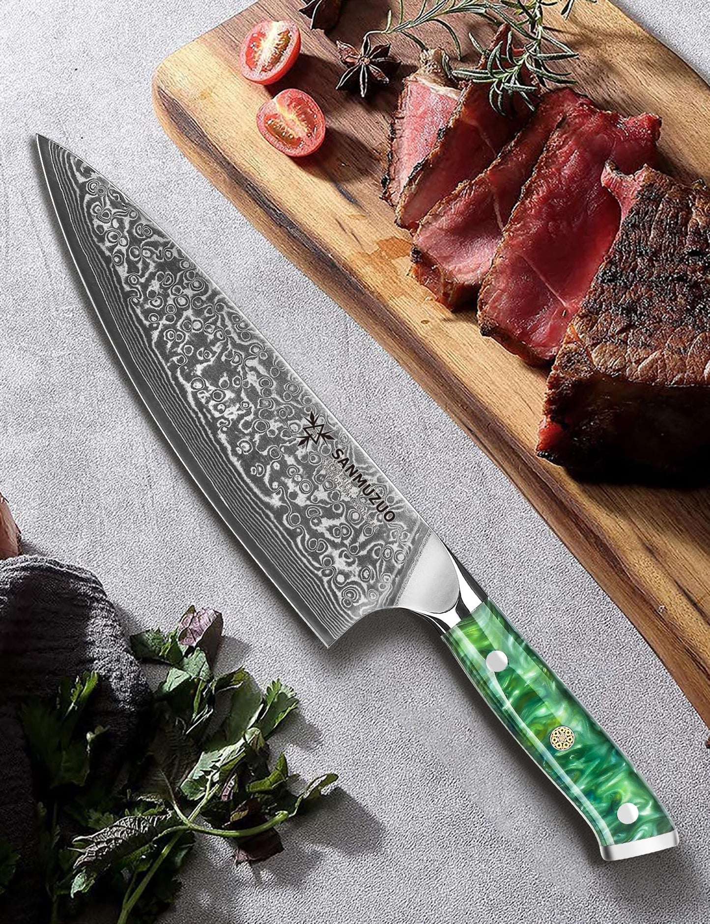 SANMUZUO Chef Knife - 8 inch - Xuan Series - VG10 Damascus Steel Kitchen Knife - Resin Handle (Jade Green)