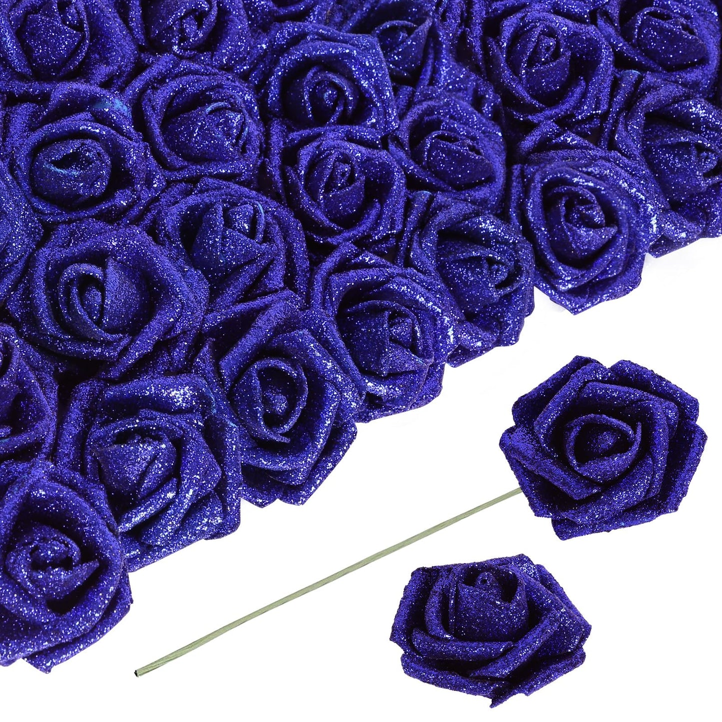 ICBOX Glitter Foam Roses 30 PCS Royal Blue Roses Artificial Flowers Foam Flowers Glitter Roses with Stem Artificial Flowers for DIY Wedding Bridal Bouquet Party Centerpieces Decor(Royal Blue)