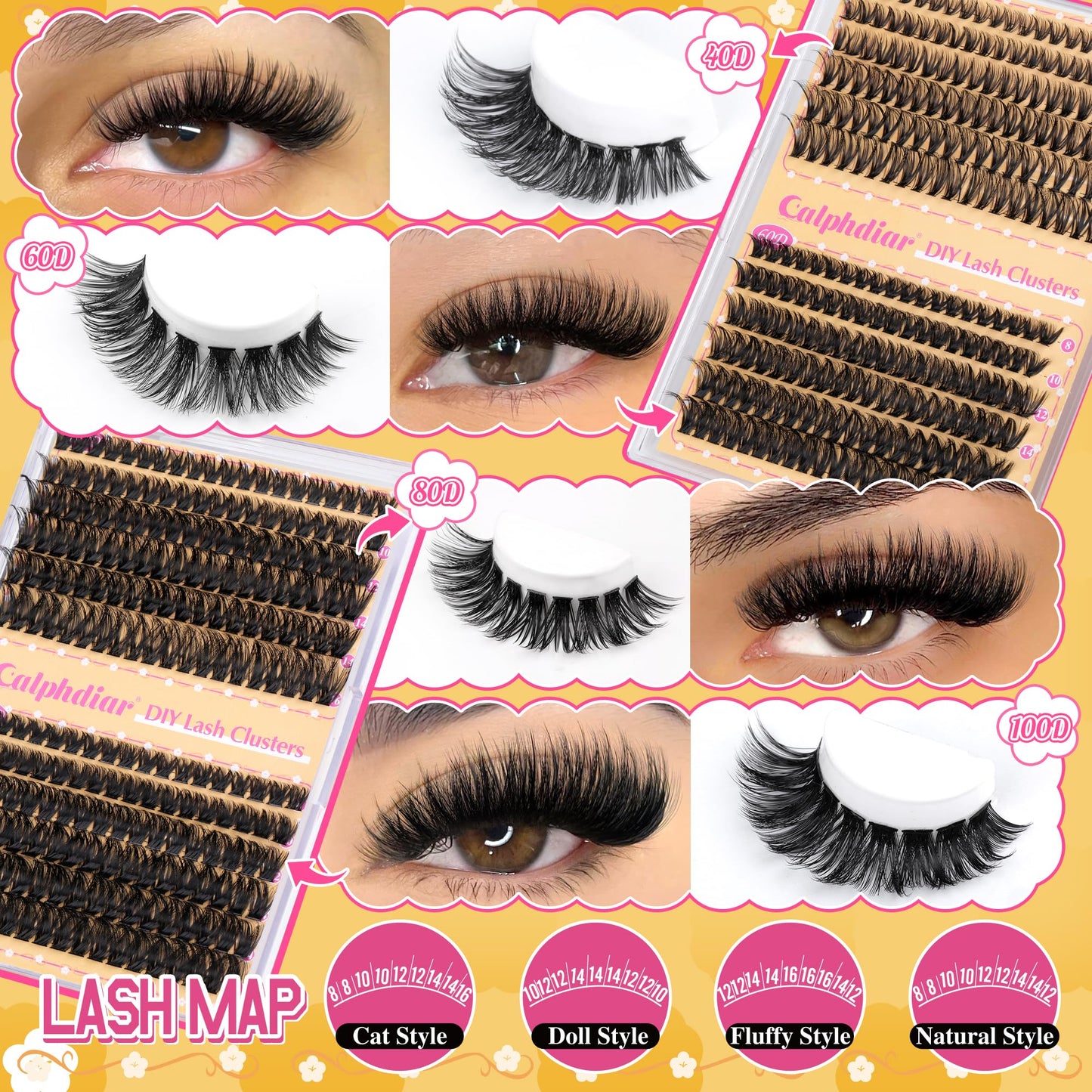 Calphdiar Lash Clusters 40D+60D+80D+100D Eyelash Clusters 474PCS Individual Lashes D Curl Cluster Eyelash Extensions 8-16MM Wispy Lashes Clusters Fluffy False Mink Eyelashes DIY Lash Extension at Home