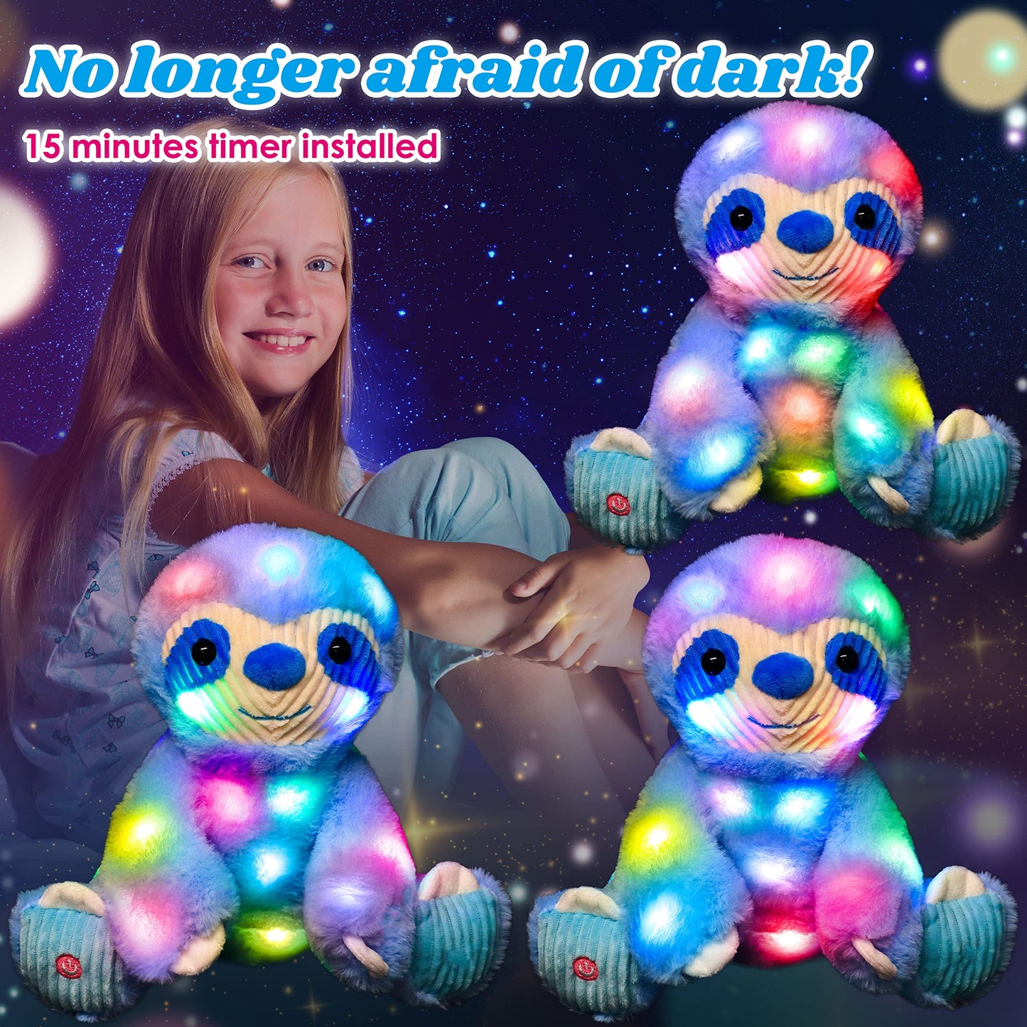 Cuteoy Light-up Plush Blue Sloth LED Stuffed Animal Birthday Christmas Plushies Toy Gifts for Kids Toddler Girls, 10.5"