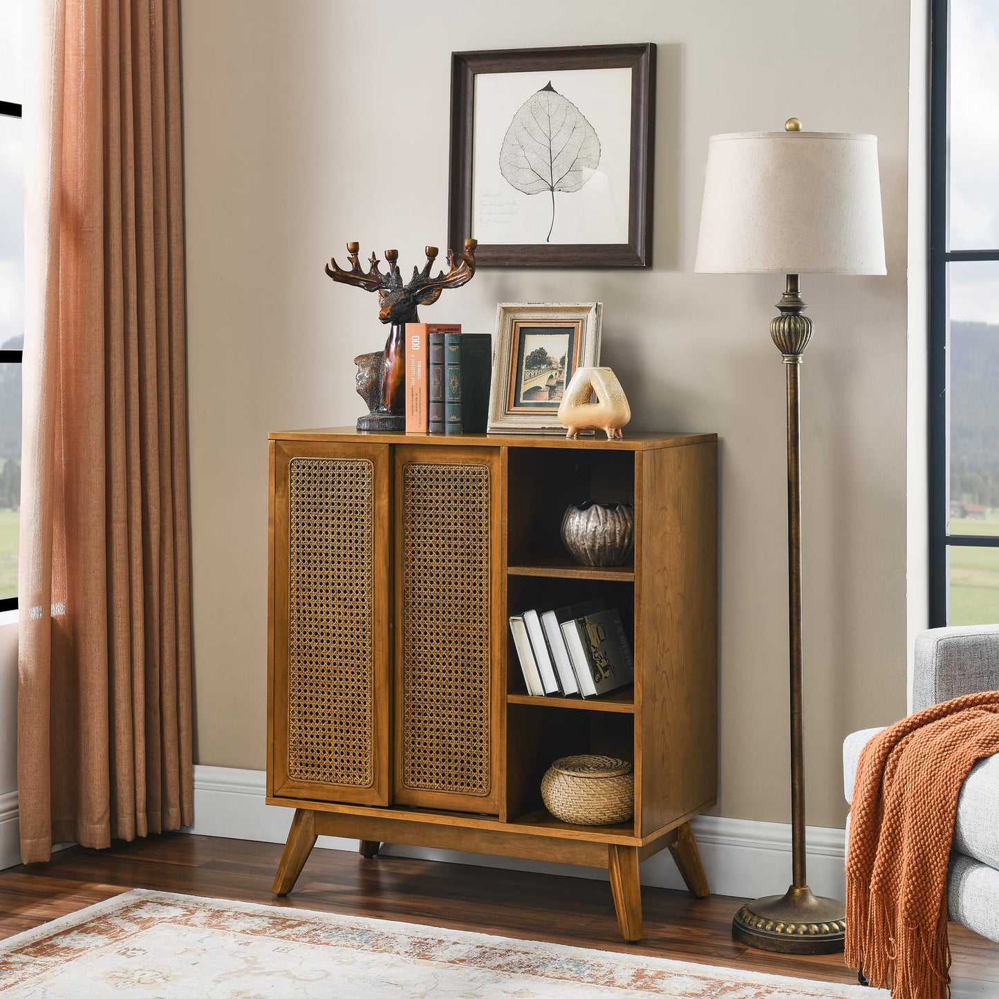 Ball & Cast 32" Mid Century Modern Rattan Sideboard Cabinet with 2 Sliding Doors, Buffet Cabinet w/Adjustable Shelf & Solid Wood Legs for Entryway, Living Room, Kitchen,Dining Room, Light Walnut