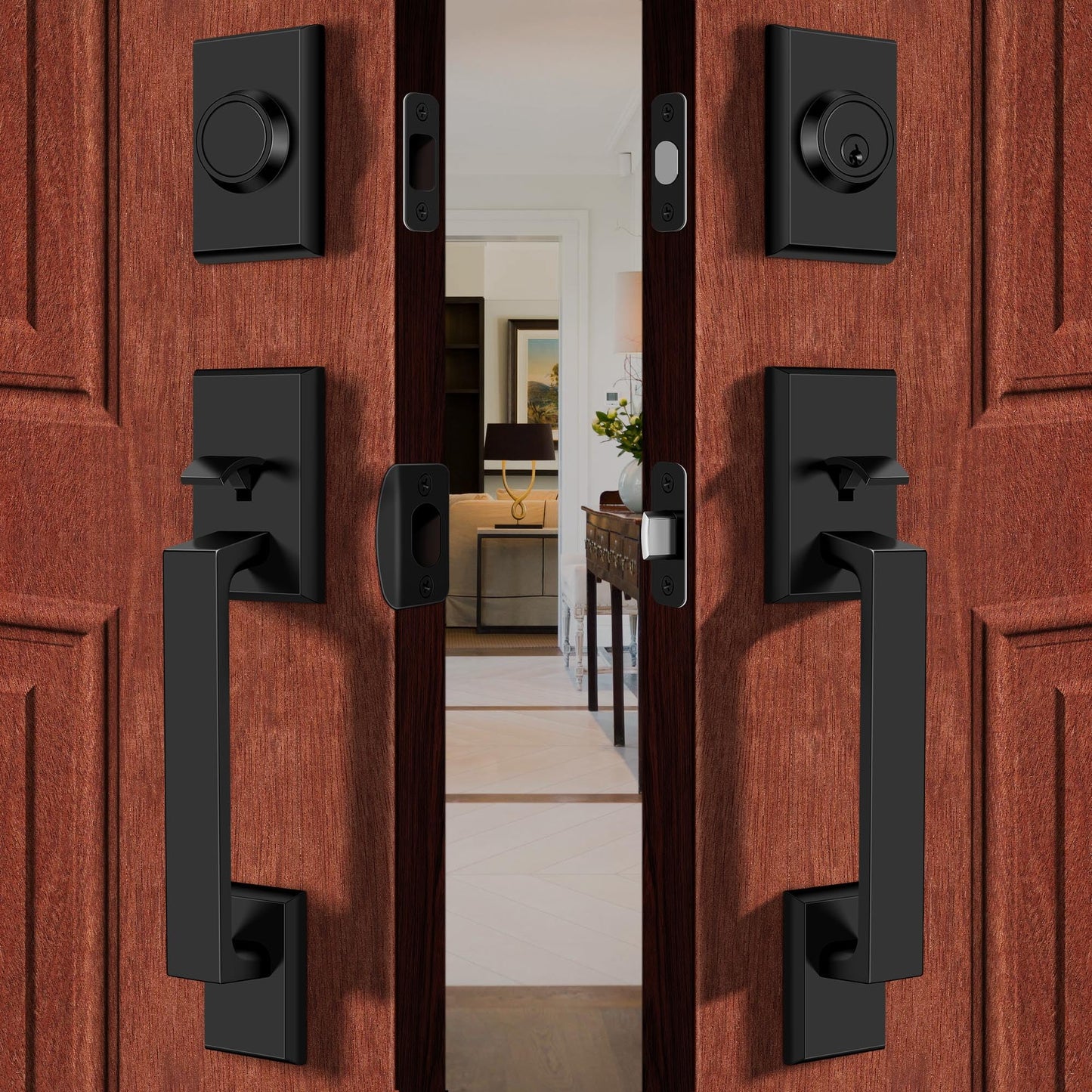 Gaurqiah Double Front Door Lock Set, Square Heavy Duty Double Door Handle with Dummy, Entry Handleset with Deadbolt Combo, Double Door Lock Set for Front or Office Doors, Matte Black