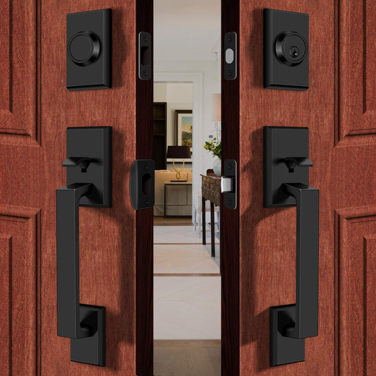 Gaurqiah Double Front Door Lock Set, Square Heavy Duty Double Door Handle with Dummy, Entry Handleset with Deadbolt Combo, Double Door Lock Set for Front or Office Doors, Matte Black