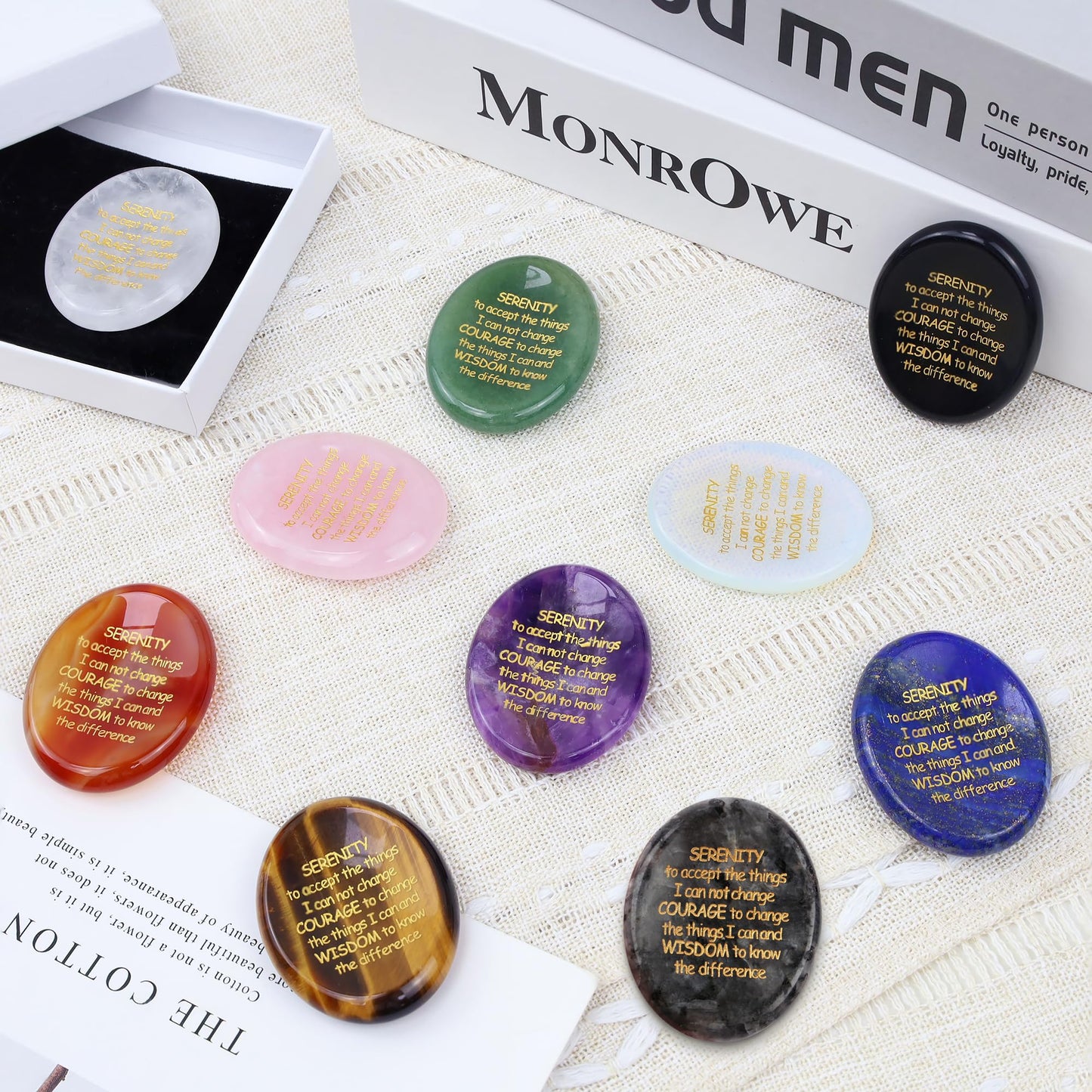 QINJIEJIE Serenity Prayer Rose Quartz Healing Crystal Thumb Stone Worry Stones Engraved Inspirational Stones Anxiety Relief Items Teacher Appreciation Encouragement Gifts for Women Mother