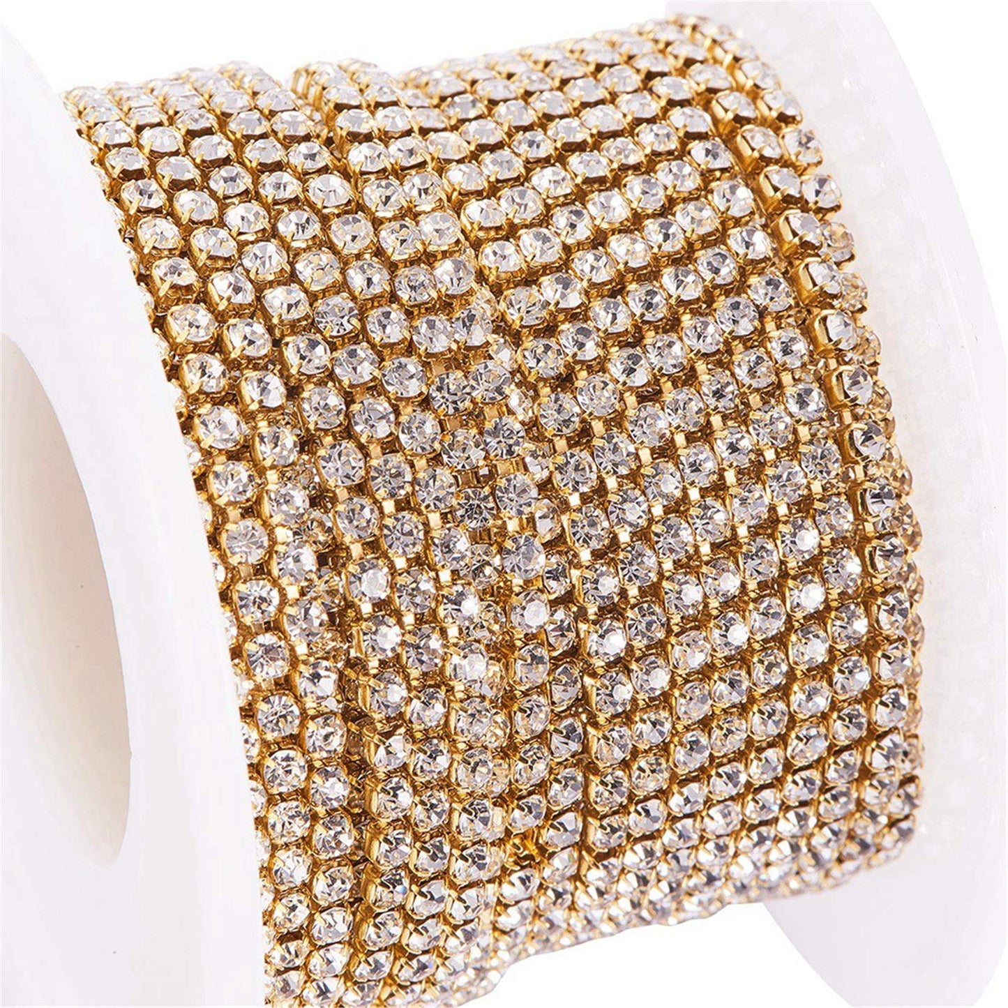 Fashewelry 10 Yards Crystal Clear Rhinestone Close Cup Chain 2mm Trimming Beaded Applique Claw Chain Roll with Golden Bezel for DIY Art Craft Clothes Wedding Party Decoration
