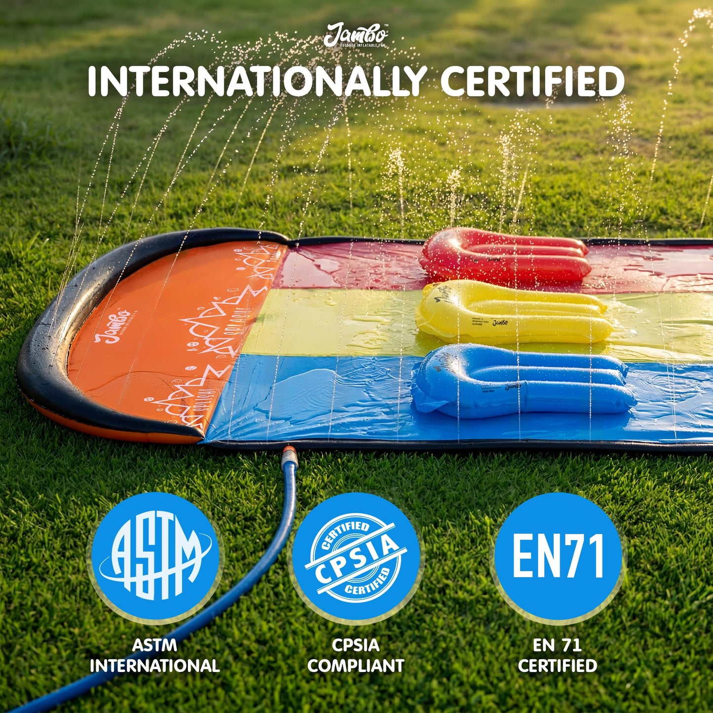 JAMBO Premium Triple Water Slide with 3 Bodyboards, 20Ft Heavy Duty Slip Splash and Slides-Advanced 3-Way Sprinkler System, Splash Pad Mat Backyard Summer Outdoor Water Toys n Long Slides for Kids