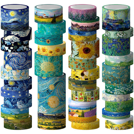 Washi Tape Set, 36 Rolls Van Gogh Vintage Gold Washy Tape, Wide Decorative Tape for Journaling, Scrapbooking Supplies,Vision Board Supplies, 6 Sizes Craft Watercolor Tape