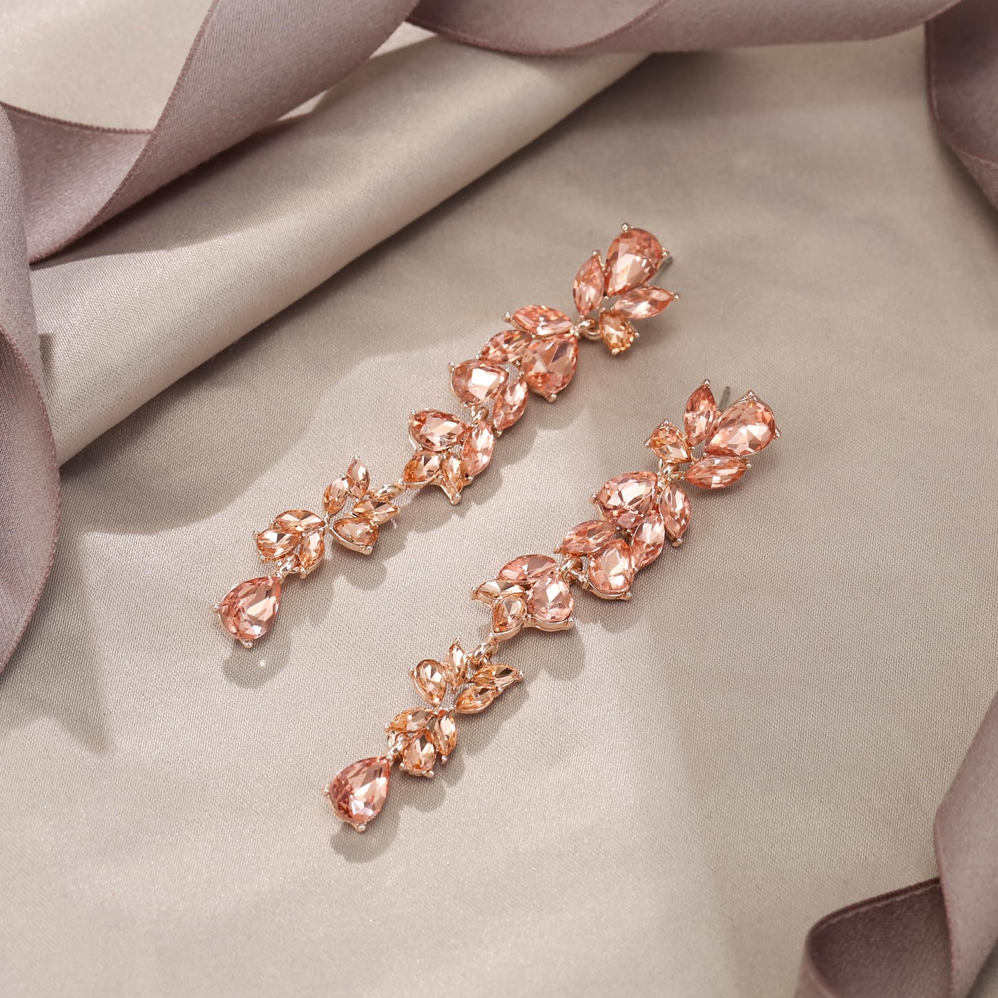 EVER FAITH Banquet Rhinestone Crystal Chandelier Dangle Earring for Women Brides, Art Deco Marquise Teardrop Bridal Long Drop Earrings for Prom Peach