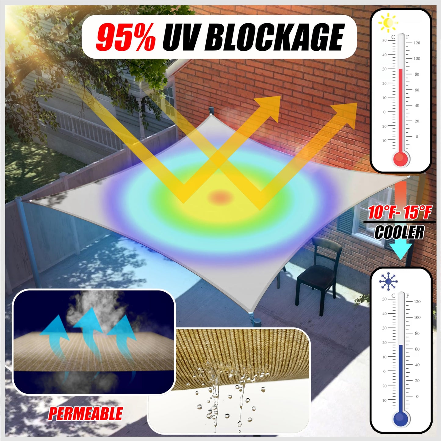 ColourTree 8' x 12' Beige Rectangle Sun Shade Sail Canopy Awning Shelter Fabric Cloth Screen CTAPR0812, UV Block UPF50 Heavy Duty Commercial Grade, Outdoor Patio Carport (We Make Custom Size)