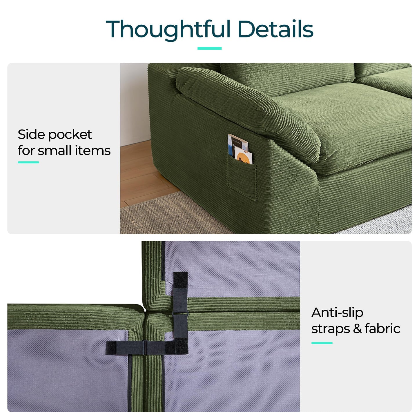 LINSY HOME 109" Modular Couch Modern Boneless Cloud Couch, U Shaped Sofa with Movable Ottomans, Deep Seat Corduroy Sectional Couches for Living Room, Apartment, No Assembly Required, Green
