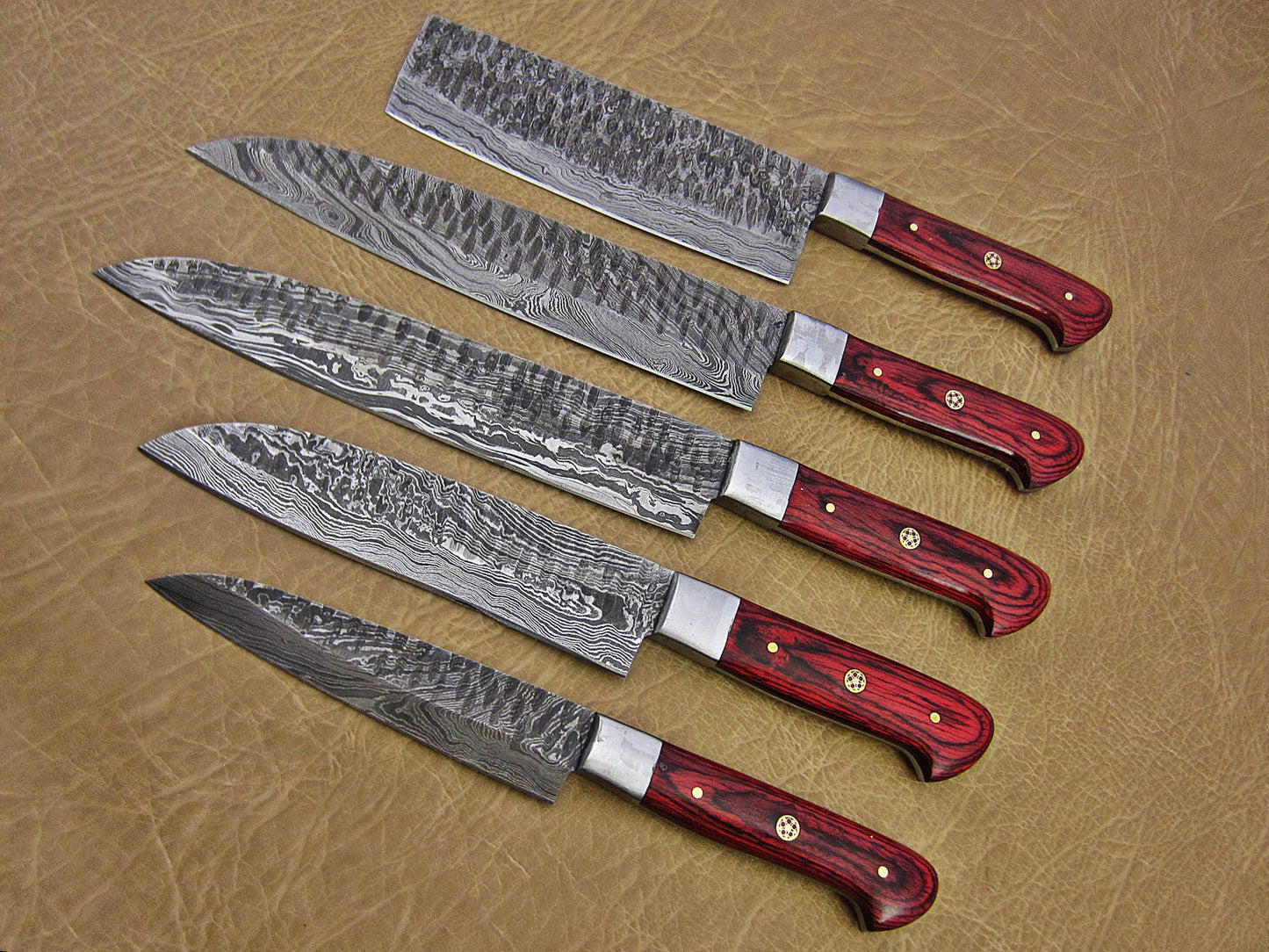 5 Pieces Damascus Steel Hammered Kitchen Knife Set, 2 Tone Wine Wood Scale, 54 inches Long Sharp Knives, Custom Made Hand Forged Hammered Damascus Steel Blade, Goat Suede Roll Leather Sheath
