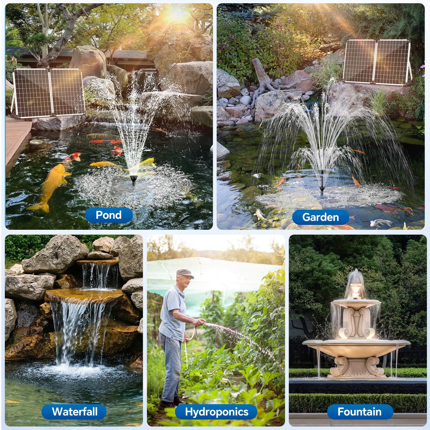 NFESOLAR 55W Solar Fountain Pump, 580GPH Solar Pond Pump with Dry-Run Protection, Foldable Solar Panel, 16.5FT Cord, 10FT Extension Cable, PVC Tubing for Outdoor Ponds, Waterfall, Garden, Hydroponics