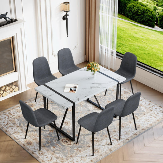 55" Dining Table Set for 6, 7 piece Modern Dining Table Set with Fabric Chairs, Farmhouse Kitchen Table Chairs Set of 6 Suit for Living Dining Room Furniture, Sturdy and Easy-to-Clean (White & Gray)