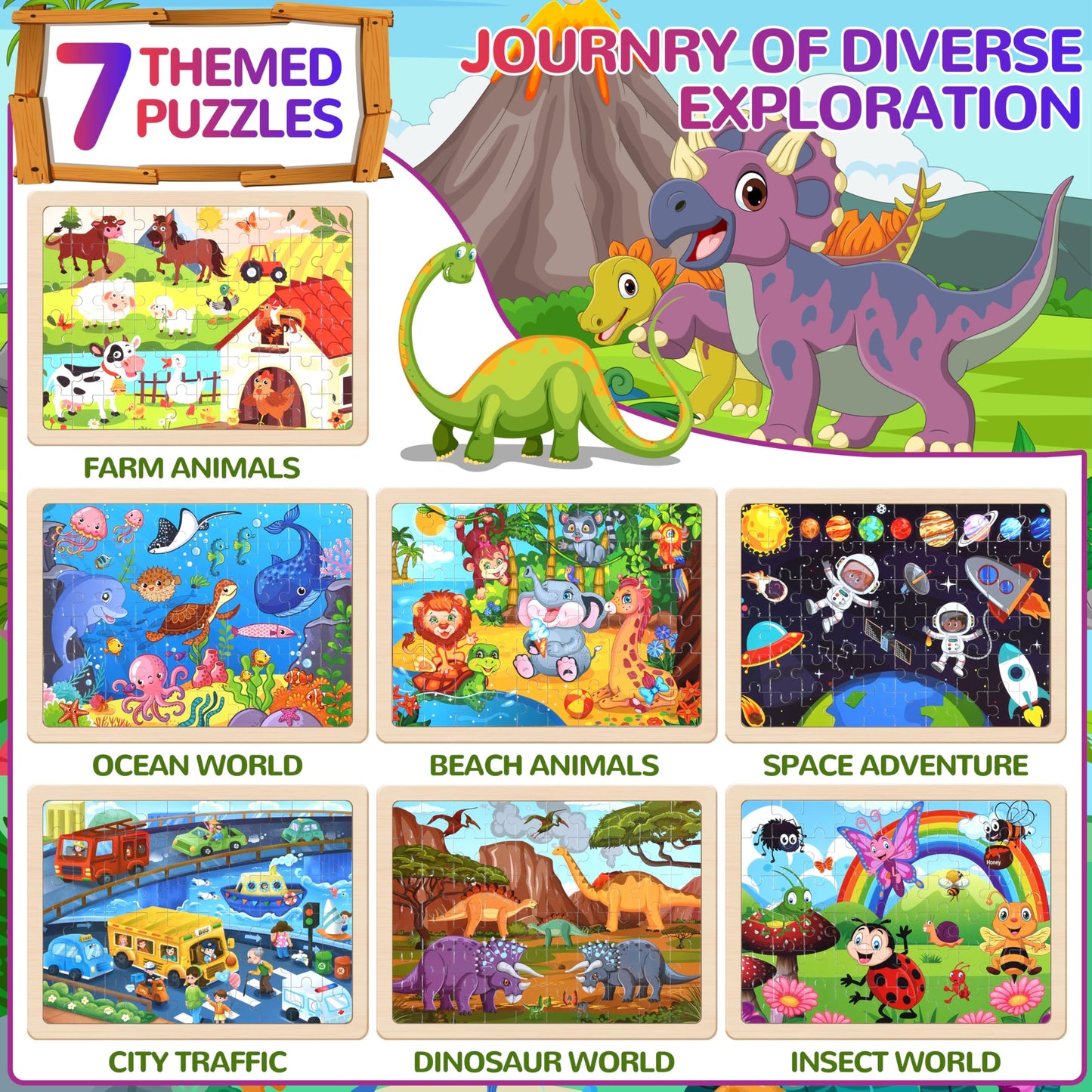 OCTERIC 7 Packs Puzzles for Kids Ages 4-6, 60 PCs Wooden Jigsaw Puzzles Preschool Educational Toys Gifts for Children Ages 4-8, Kids Puzzle for 3 4 5 6 Year Olds Boys Girls