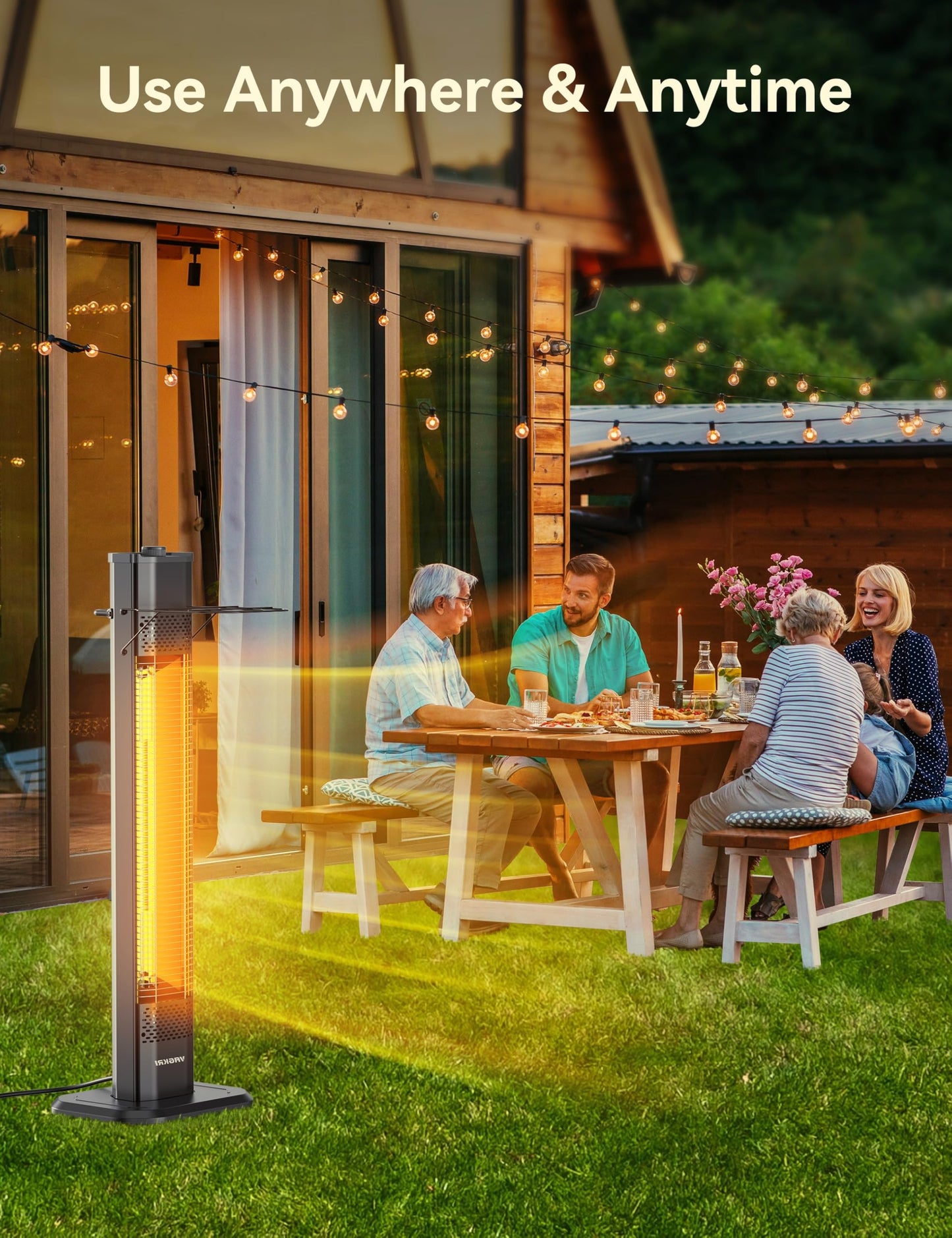 VAGKRI Outdoor Electric Patio Heater, 1500W Dual Carbon Tube Infrared Heater, Tip-Over & Overheat Protection,1S Instant Heat, IPX5 Waterproof, Tower Space Heater for Patio, Backyard & Garage