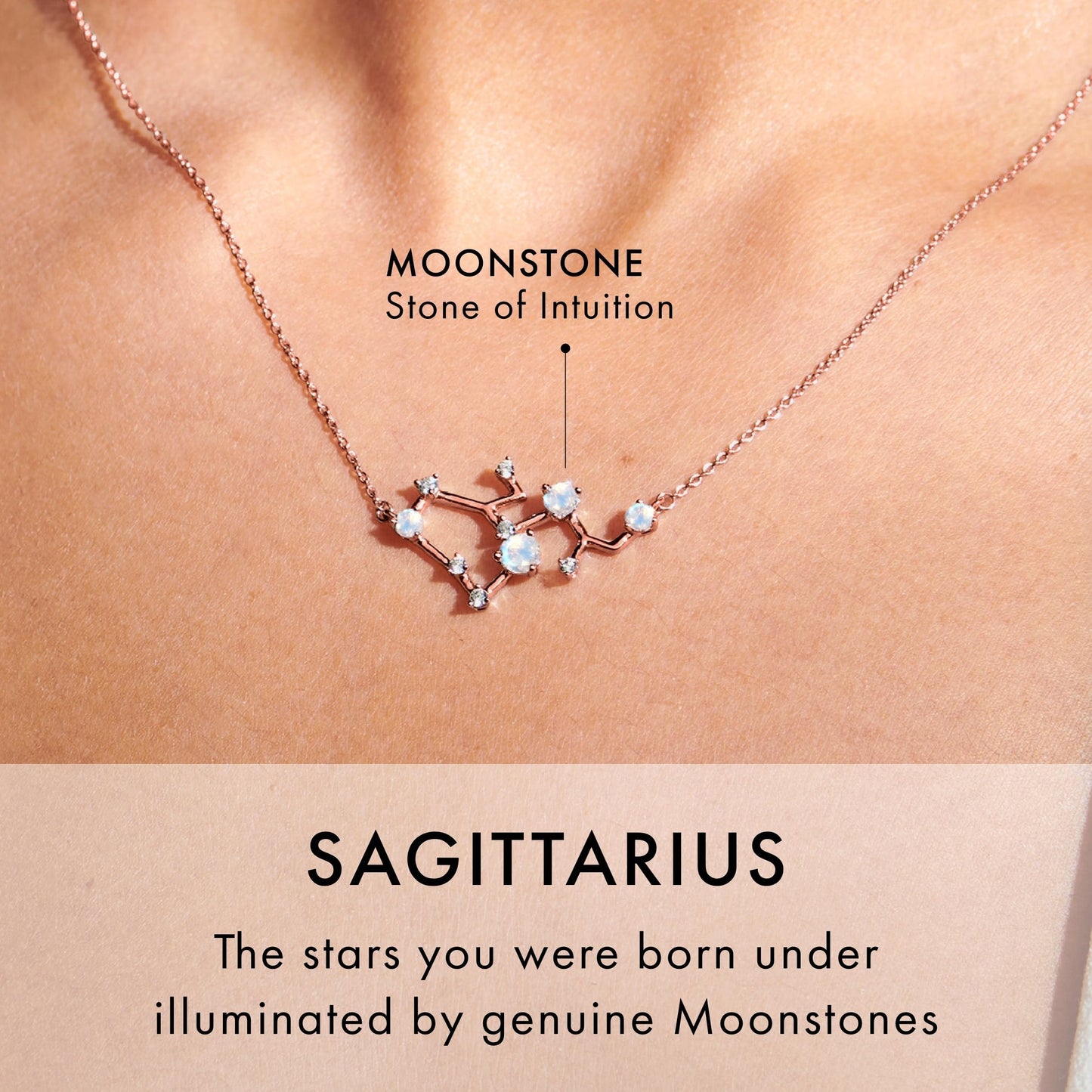 Moon Magic Moonstone Necklace - Sagittarius Zodiac Constellation / 925 Sterling Silver - 18k Rose Gold - Yellow Gold Rainbow Moonstone Necklaces for Women/Authentic Rainbow Crystal Jewelry