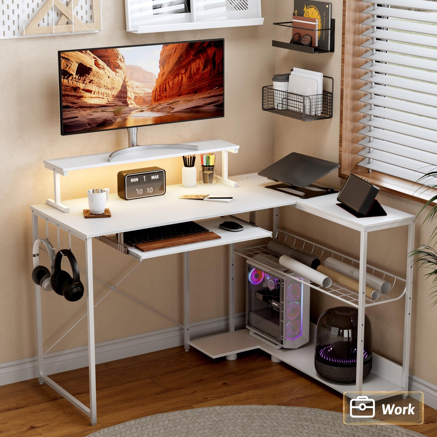 BORNOON Computer Desk, L Shaped Gaming Desk with Monitor Stand & Storage Shelf & LED Light & USB Power Outlet, Reversible Shelves Corner Table with Keyboard Tray for Gaming, Home Office, Study