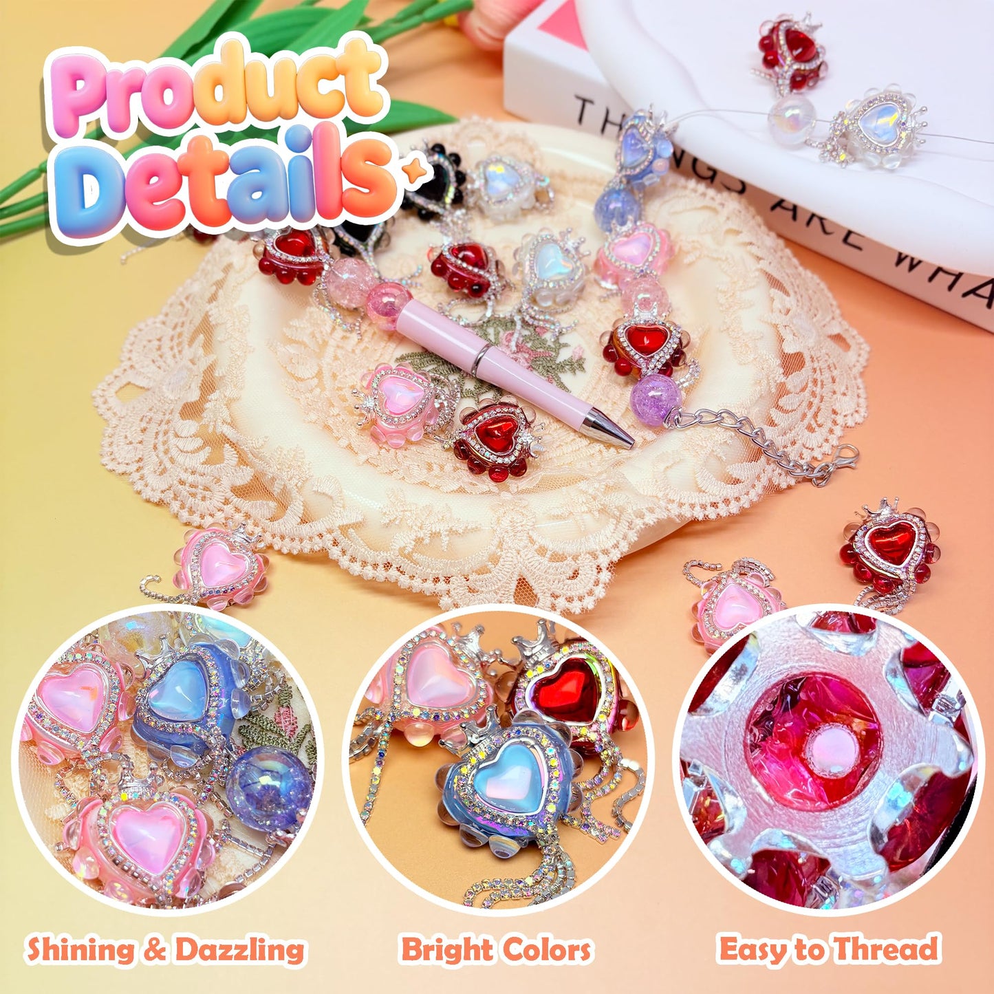 10pcs Rhinestone Focal Beads for Pens, Sparkling Heart-Shaped Designs with Tassels, Fancy Beads for DIY Jewelry Making Keychains Crafts Holiday Decorations (Heart-Shape-Focal Beads)