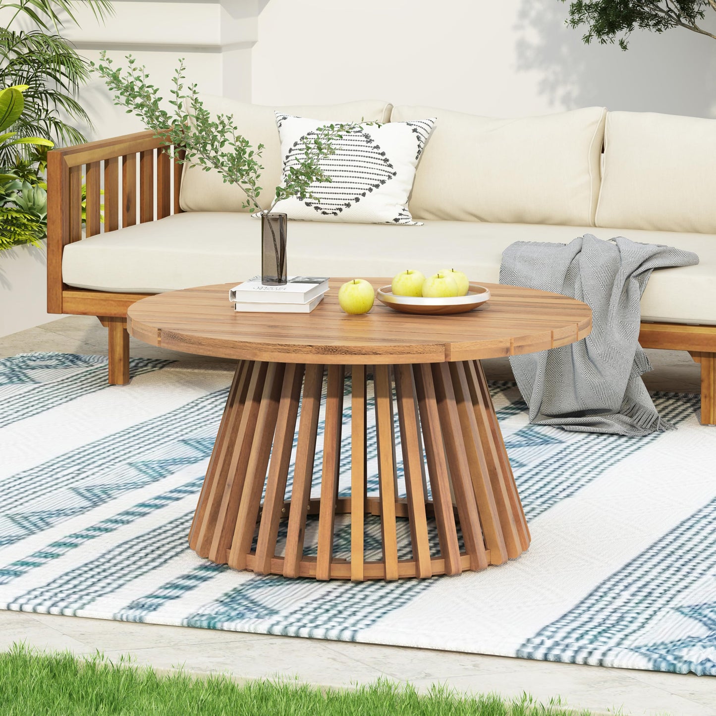 Christopher Knight Home Hakee Acacia Wood Patio Coffee Table, Round Coffee Table with Unique Wooden Base, Stylish Indoor/Outdoor Table, Easy Assembly, 31.5" x 31.5" x 16", Light Teak