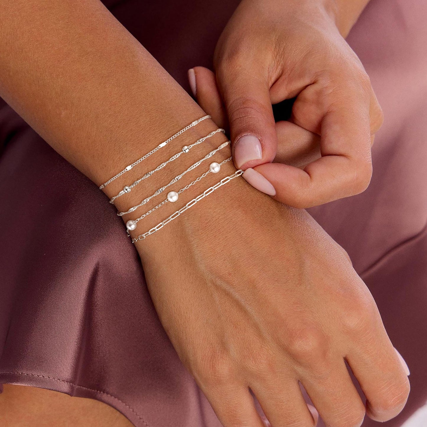 14K Silver Plated Dainty Pearl Bracelets for Women, Paperclip Chain Bracelet Stack for Women Waterproof Small Simple Cute Beaded Bracelet Set Silver Plated Pearl Jewelry Set Thin Prom Wedding Jewelry