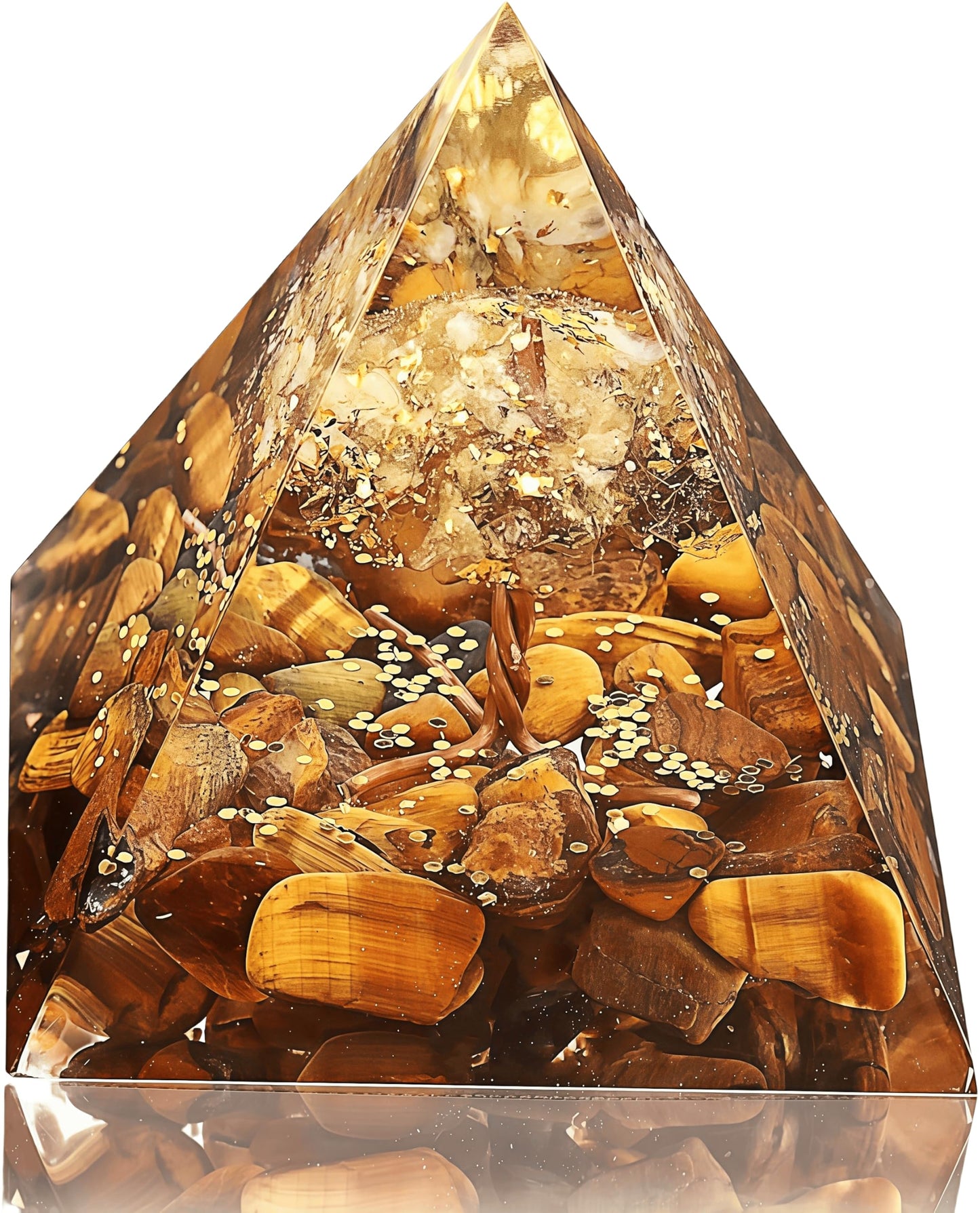 Tree of Life Orgone Pyramid Citrine with Tiger Eyes Positive Energy Healing Crystals Pyramid for Reduce Stress Chakra Reiki Meditation Attracts Lucky and Success