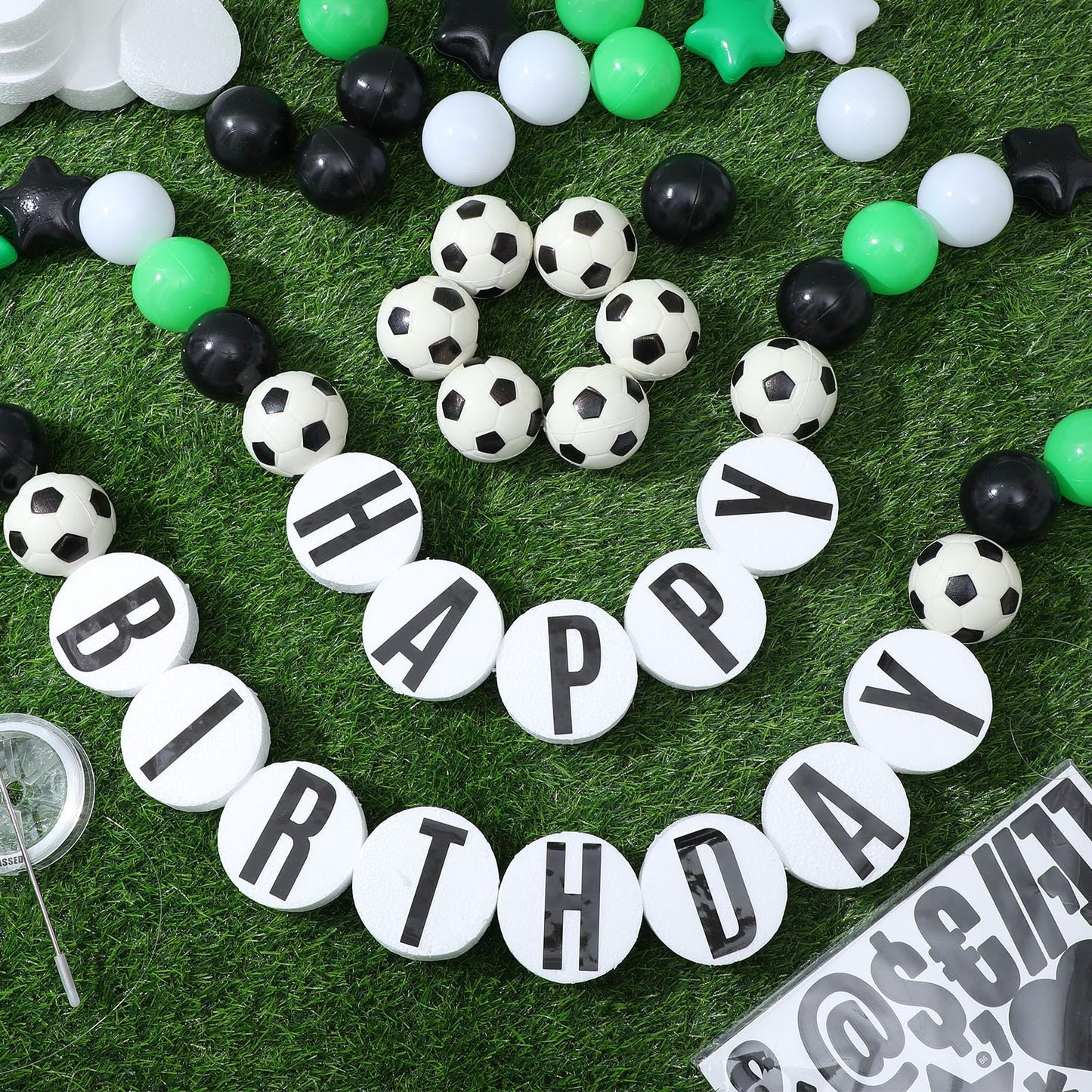 Simgoing 98 Pcs Soccer Birthday Banner Decor Jumbo DIY Friendship Bracelet Birthday Banner Kit Customizable Party Giant Garland Decoration for Soccer Sports Theme Party Decorations