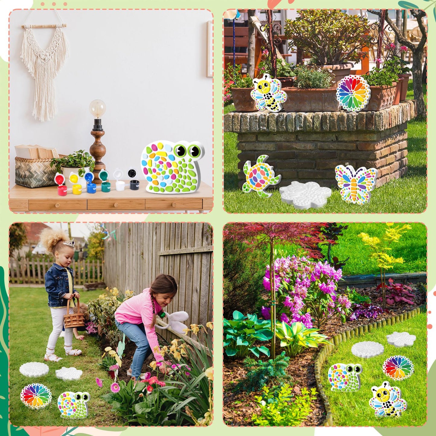 PullCrease 6 Pack Stepping Stone Ceramic Kit for Kids Paint Your Own Plaster Stones Arts and Crafts Handprint Garden and Spring DIY Craft Pottery Outdoor Painting Gifts for Kids Ages 4-12