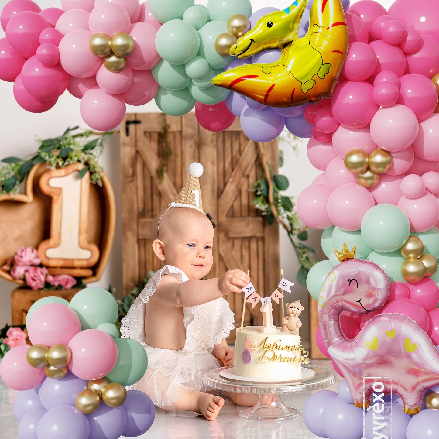 156Pcs Pink Dinosaur Balloon Garland Arch Kit, Pastel Pink Green Purple Metallic Gold Balloons, Large Dinosaur Foil Balloons for Girl Dino theme Birthday Party Jungle Baby Shower Decorations