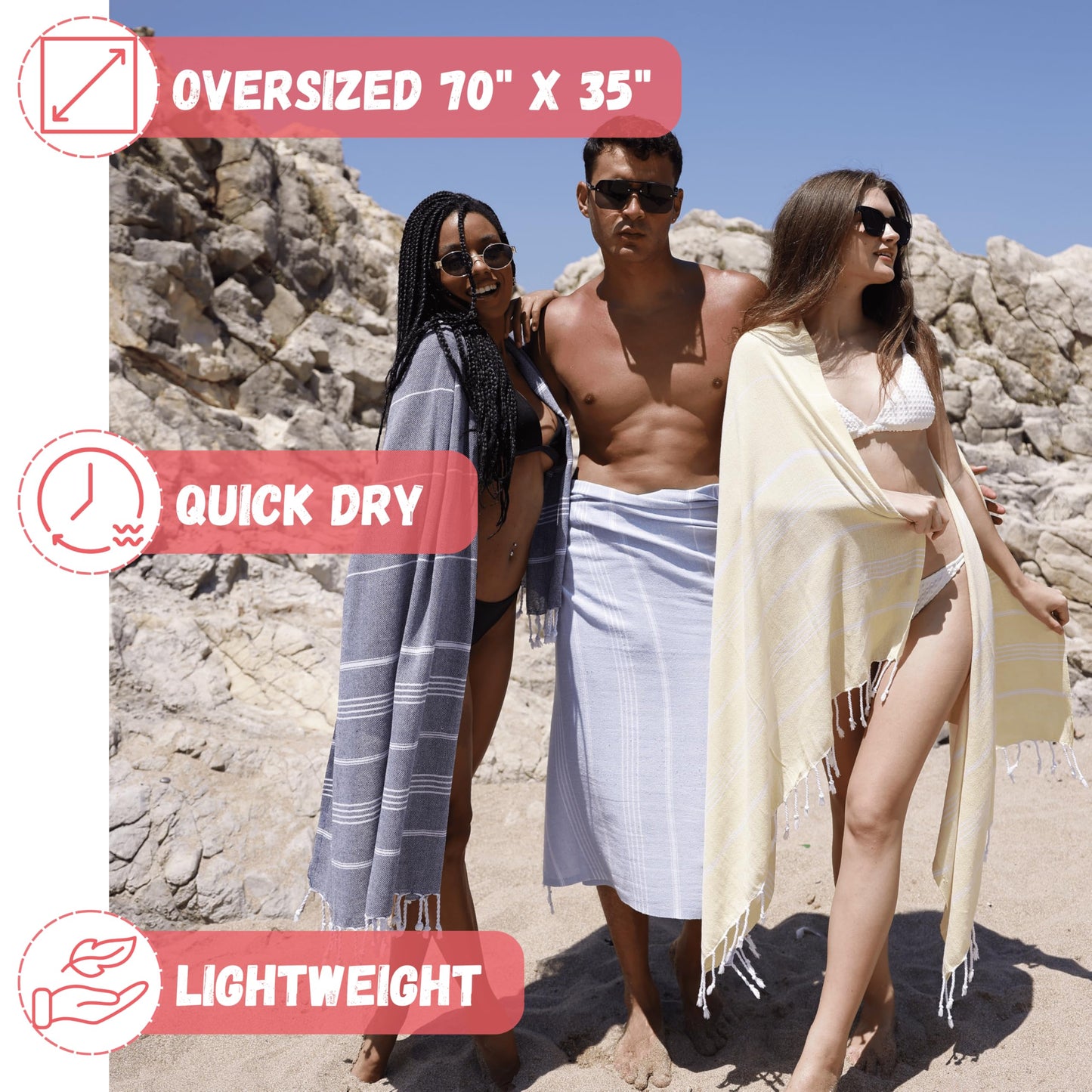 Turkish Cotton Beach Towel with Design Bag and Sand Clips - (70 x 35 inch) Oversized Travel Blanket for Women, Quick Dry Sand Proof Lightweight Compact, Ideal for Beach and Outdoor Use