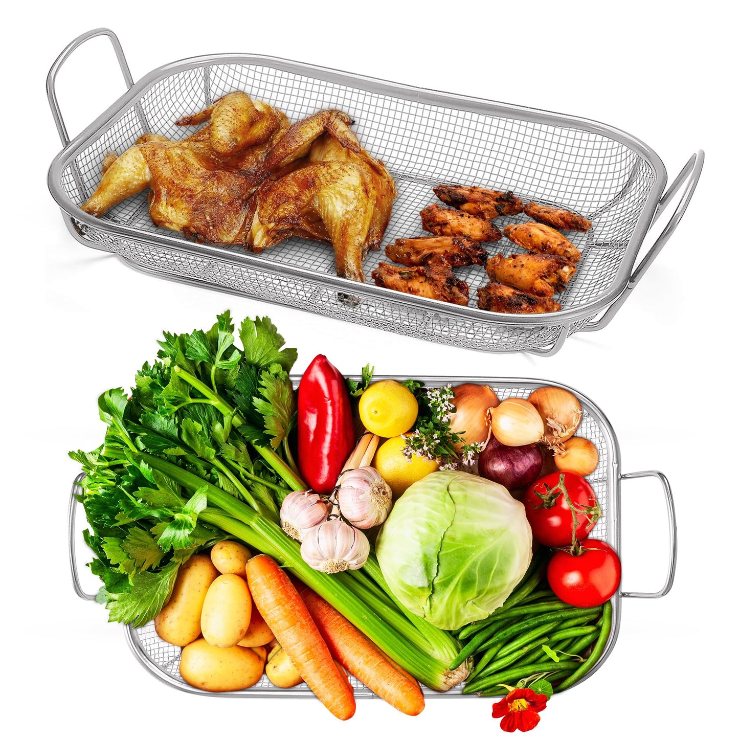 Homi Styes Grill Baskets for Outdoor Grill – 15 x 11-inch Vegetable Grill Basket – Grill Vegetable Basket with Handles – Rustproof Stainless Steel Mesh Veggie Grilling Basket