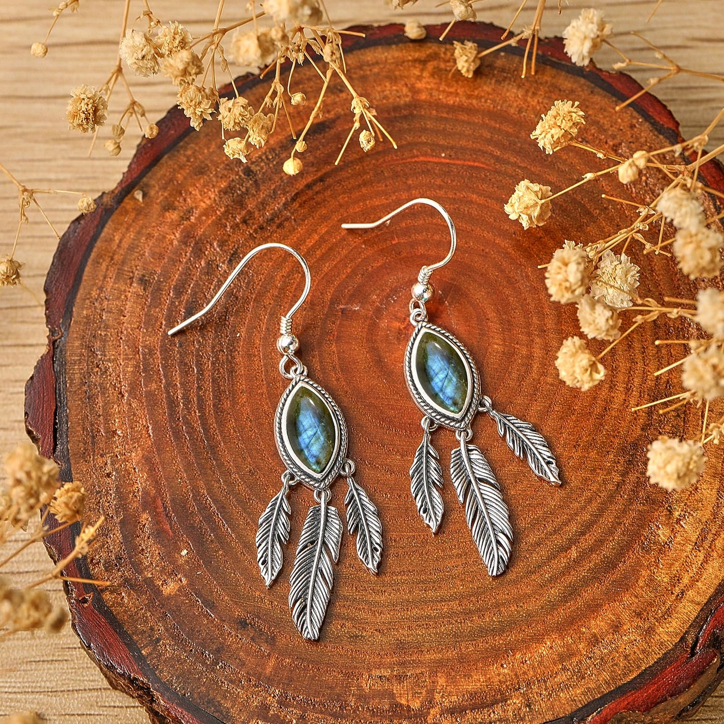 AVECON Labradorite Feather Dangle Earrings for Women 925 Sterling Silver Drop Earring Boho Leaf Statement Earrings Unique Hook Earrings Valentine's Day Vintage Feather Earrings Women's Jewelry