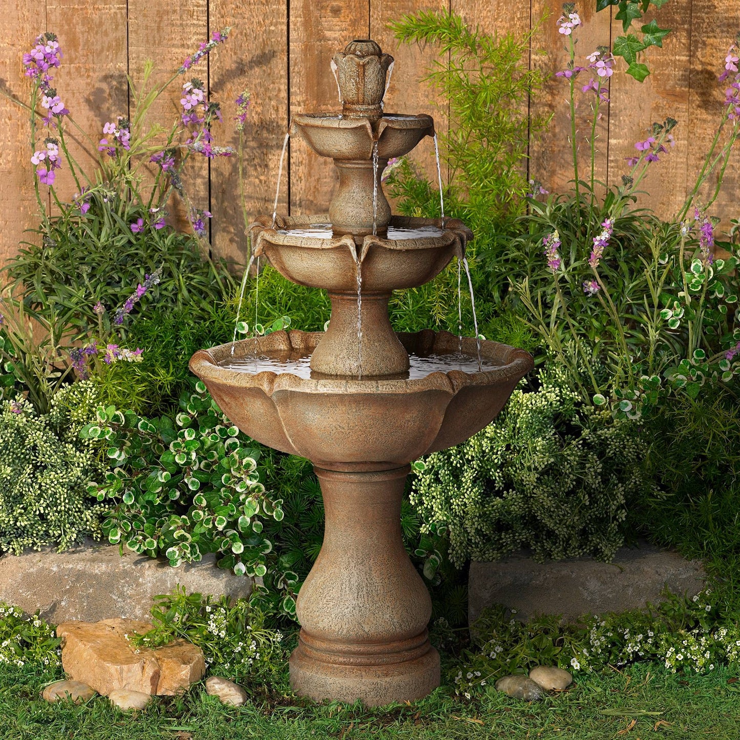 Arosco Modern Rustic Outdoor Floor Water Fountain with Light LED 43" High 3-Tiered Resin for Garden Patio Yard Deck Home Lawn Porch House Relaxation Exterior - John Timberland