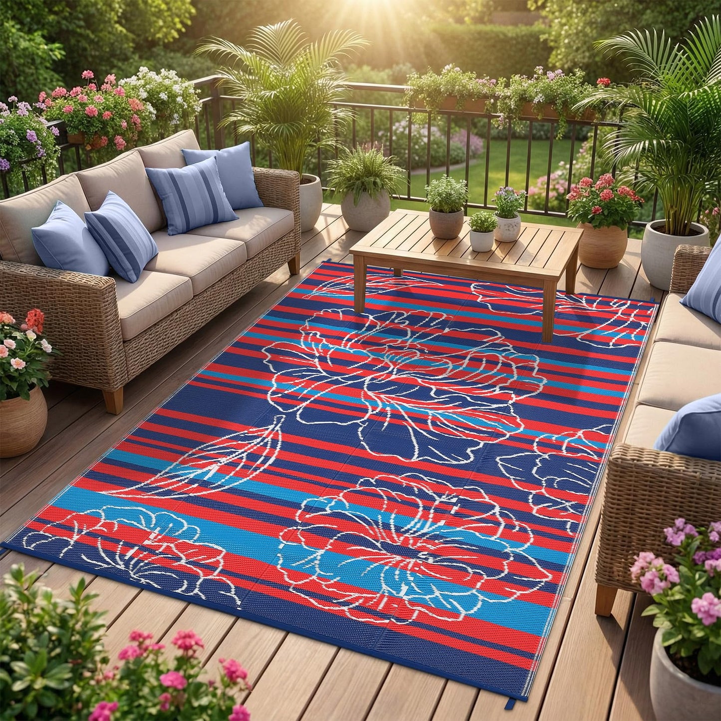 Garvee 5x8 Outdoor Waterproof Rug, Floral Outdoor Area Rug，Reversible Plastic Straw Patio Rug, Portable Camping Mat for RV, Picnic, Beach, Balcony, Garden & Camping Red&Navy
