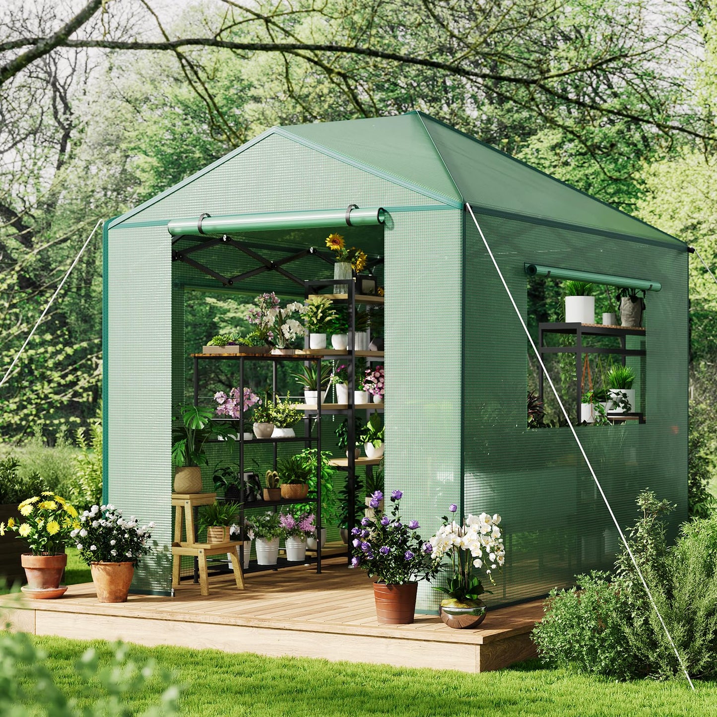 8x6 FT Portable Pops-Up Greenhouse for Indoor/Outdoor Use, Durable PE Cover Walk-in Greenhouse Kit, Zippered Doors & Mesh Windows Tunnel Green Houses, Easy Setup Garden Grow Tent for Plants, Green