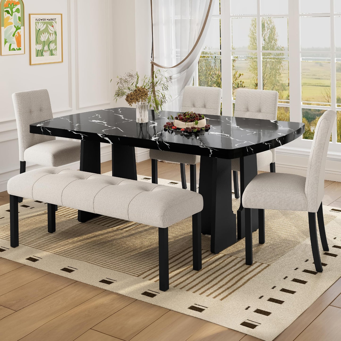 Merax 6-Piece Dining Table Set with Modern Faux Marble Oval Kitchen Tabletop, Four Upholstered Chairs and One Bench for Dining, Living Room, Kitchen, Easy Assembly, Black+Beige