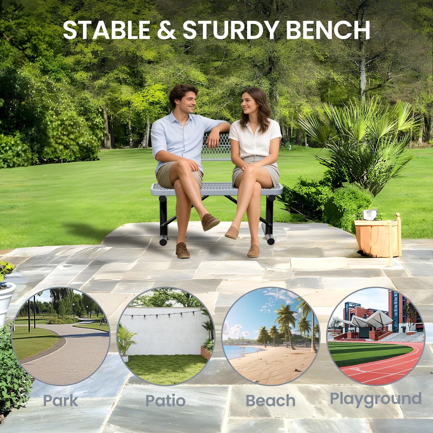 Sunnibety 4 Feet Steel Park Bench for Outside, Outdoor Bench with Backrest & Portable Frame, Commercial Benches for Shopping Malls, Stores, Parks, Patios, Decks, Grey
