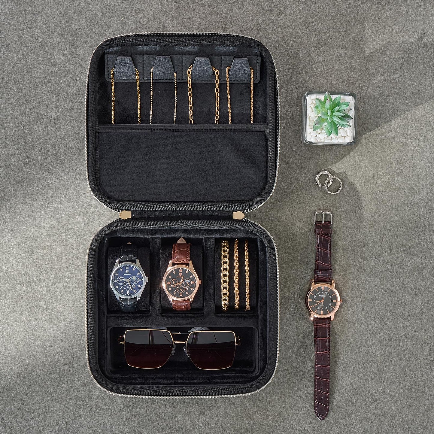 ProCase Mens Small Jewelry Storage Case, 3 Slots Travel Watch Accessories Carrying Box, Glasses Necklaces Rings Bracelets Zippered Organizer Bag for Male -Black