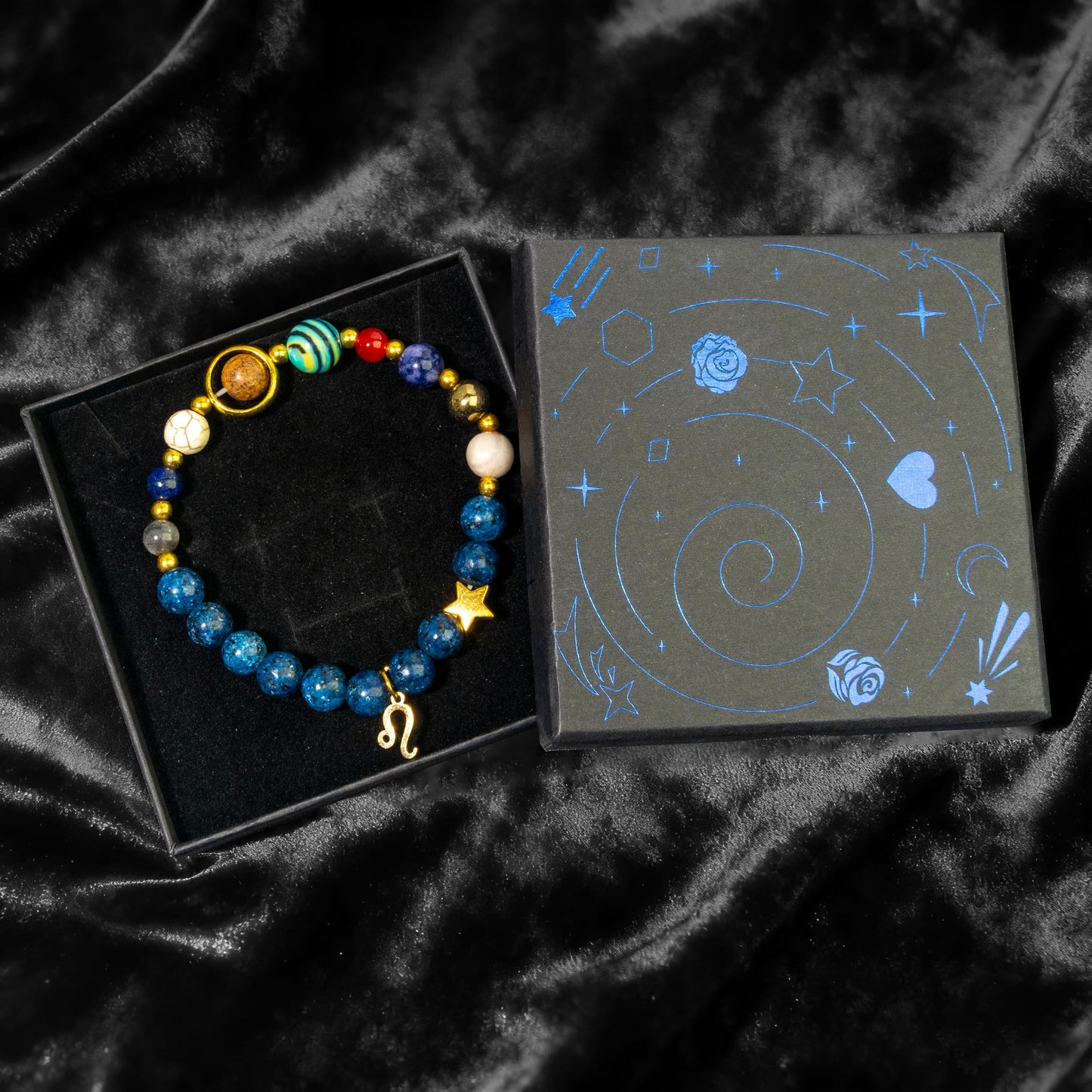 Zodiac Sign Bracelet for Couples – 12 Constellations Natural Stone Jewelry with Black Glass, Lapis Lazuli, Goldstone, White Howlite, Picture Jasper, Malachite, Red Agate & Blue Sodalite – Lucky Energy Gift (Aquarius - Blue)