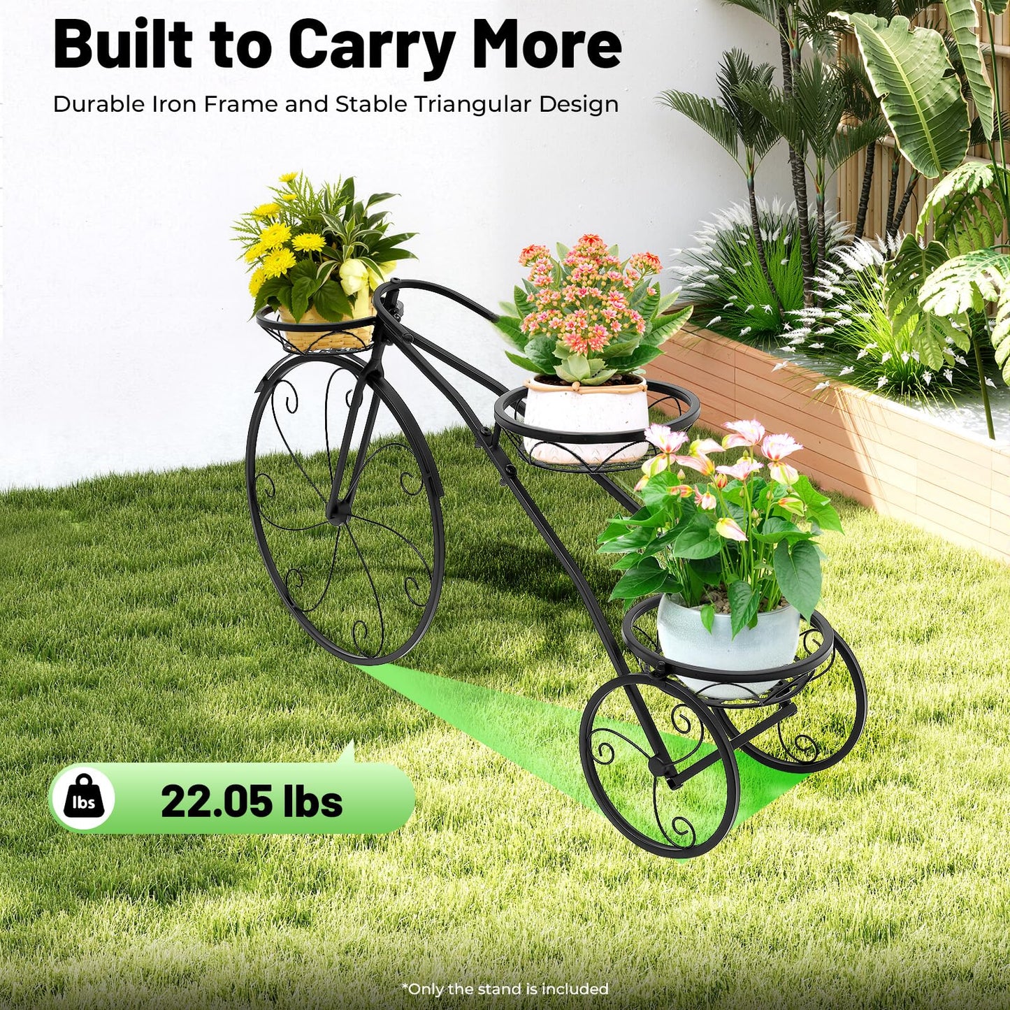 KEARIXM Bicycle Planter Stand, Metal Flower Pot Cart Holder with 3 Plant Bucket, Black Plant Stands, Metal Plant Stand, Flower Bar Cart for Garden, Wagon Planter Outdoor for Patio Balcony