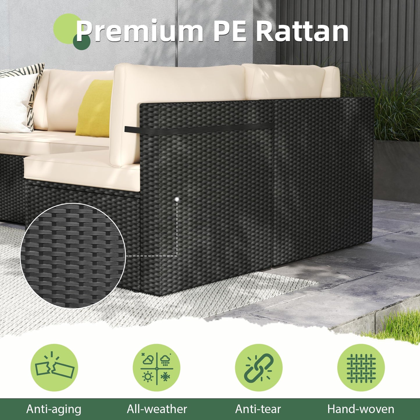 PATIOPIA 7-Piece Outdoor Sectional Sofa Set, Weather-Resistant Patio Furniture Set with Washable Cushions and Coffee Table, Black Rattan Patio Conversation Set for Poolside, Backyard, Deck (Beige)