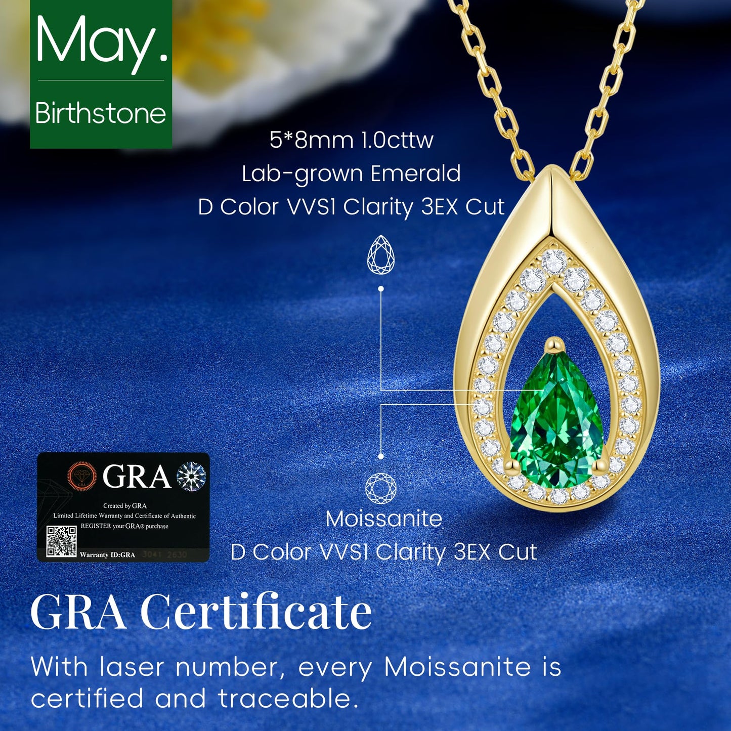Kstyle 14k Gold Lab-Grown Emerald Pendant Necklaces for Women Valentine's Day Birthday Gift Anniversary Jewelry for Wife Daughter Grandma Mom Sister Non Tarnish