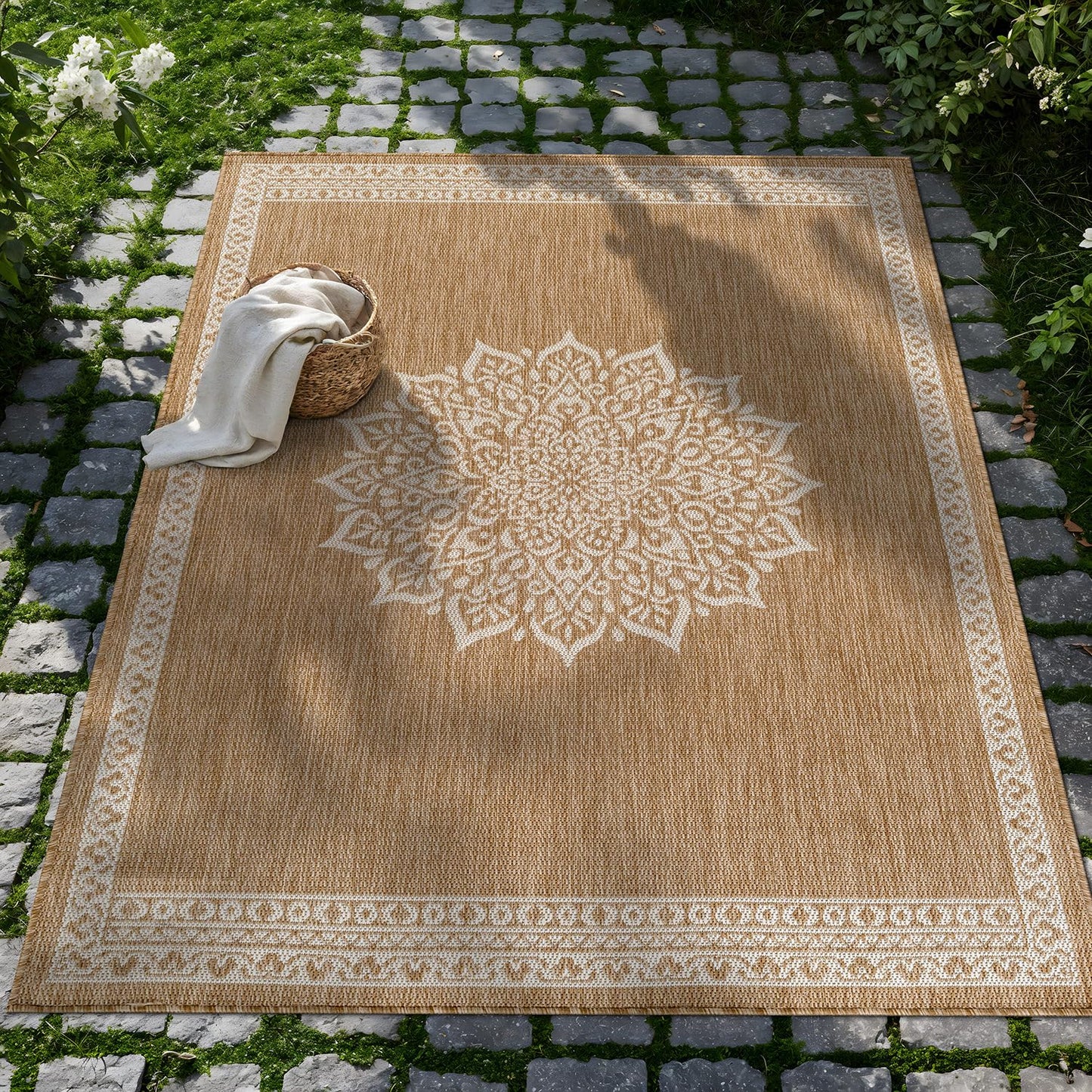 CAMILSON Outdoor Rug 10x14 Medallion Natural Modern Large Area Rugs for Indoor and Outdoor Patios Kitchen and Hallway Mats Washable Porch Deck Outside Carpet (Medallion Natural 10 x 14)