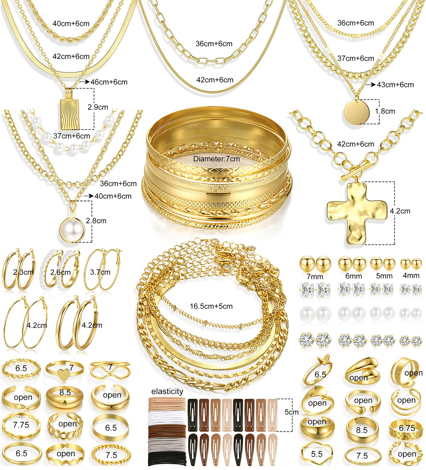 FAXHION 68 Pcs Gold Jewelry Set for Women with 7 Necklace, 17 Bracelet, 5 Hoop Earrings, 15 Stud Earrings, 24 Knuckle Rings for Women Jewelry Set for Women