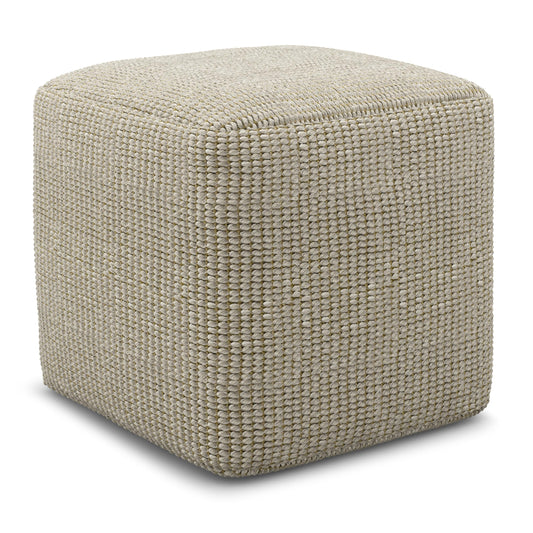 SIMPLIHOME Zelma Square Pouf – 18 inch Wide Upholstered PET Polyester Ottoman in Cream and Natural, Boho Indoor/Outdoor Footstool or Extra Seating for Living Room, Bedroom, or Patio, Assembled