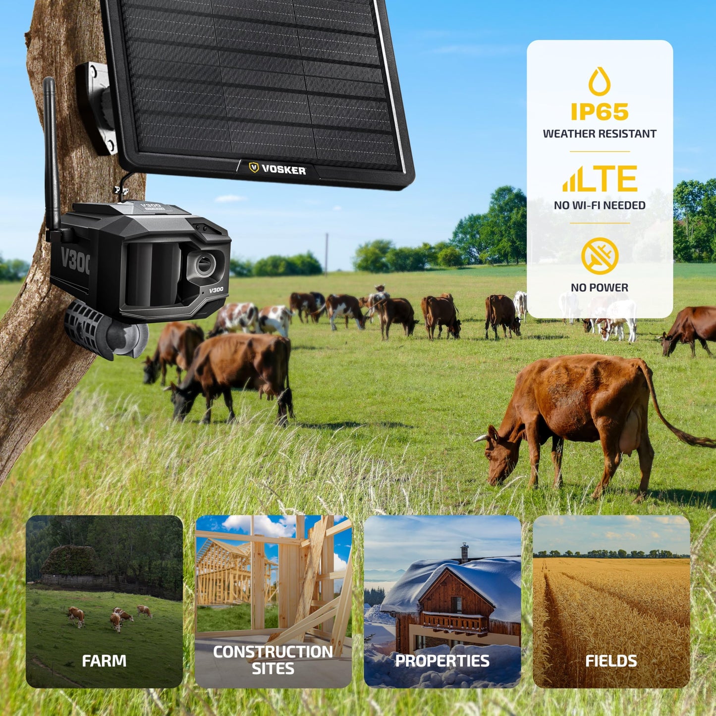 Vosker V300 Ultimate Farmers Pack Outdoor Security Camera with External Solar Panel for Farms Pastures and Greenhouses 4G LTE Black Single Unit with Battery