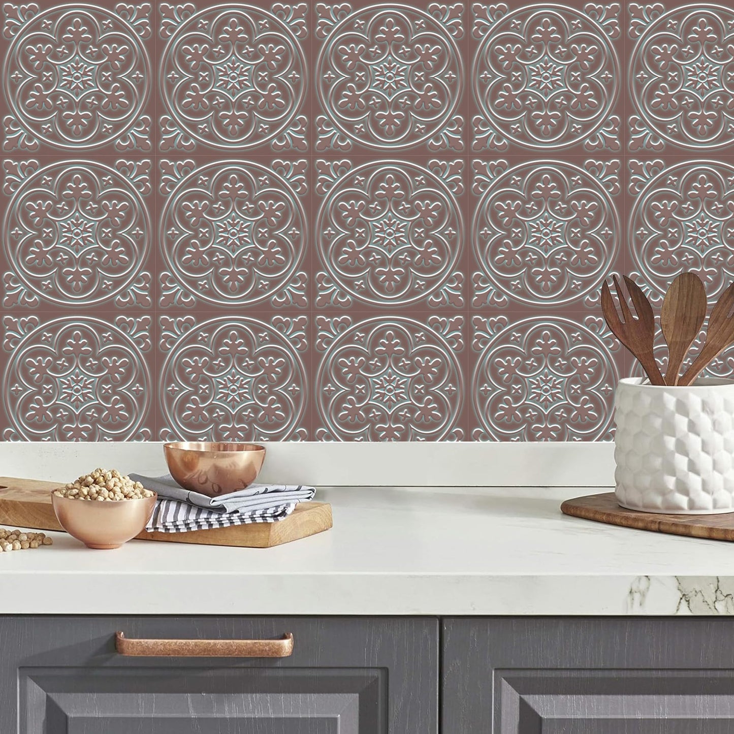 Peel and Stick Wall Tile Stickers Backsplash for Kitchen/Living Room/Bathroom in Metalic Design, 8x8 inch Pack of 10 Self Stick Paper Wall Tile Stickers for Your Home and DIY Projects (Bronzen)