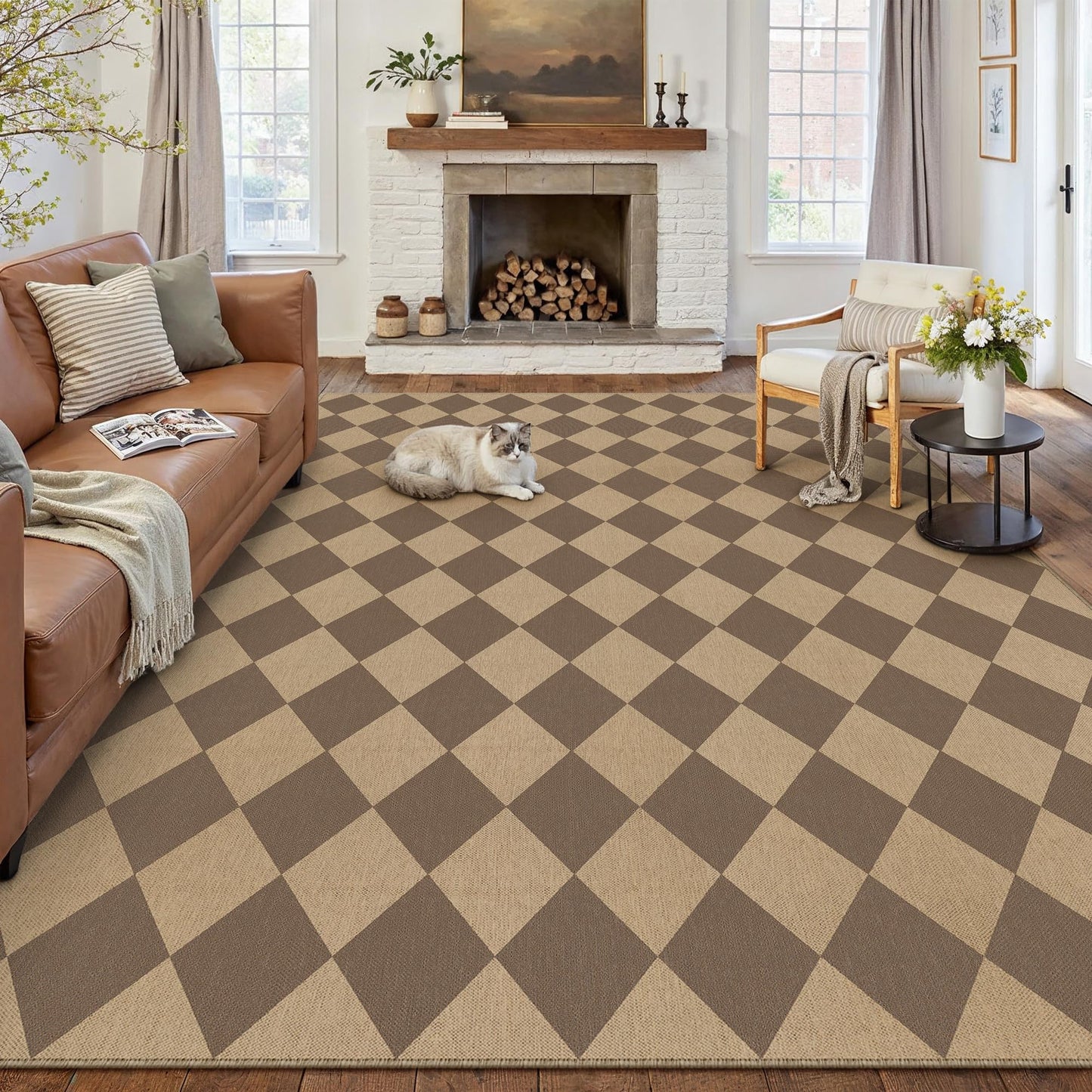 PureCozy 8x10 Checkered Easy Jute Area Rug for Living Room Large Checkerboard Washable Indoor Outdoor Carpet Farmhouse Patio Office Mat Geometric Non Slip Brown Carpet for Backyard Dining Room