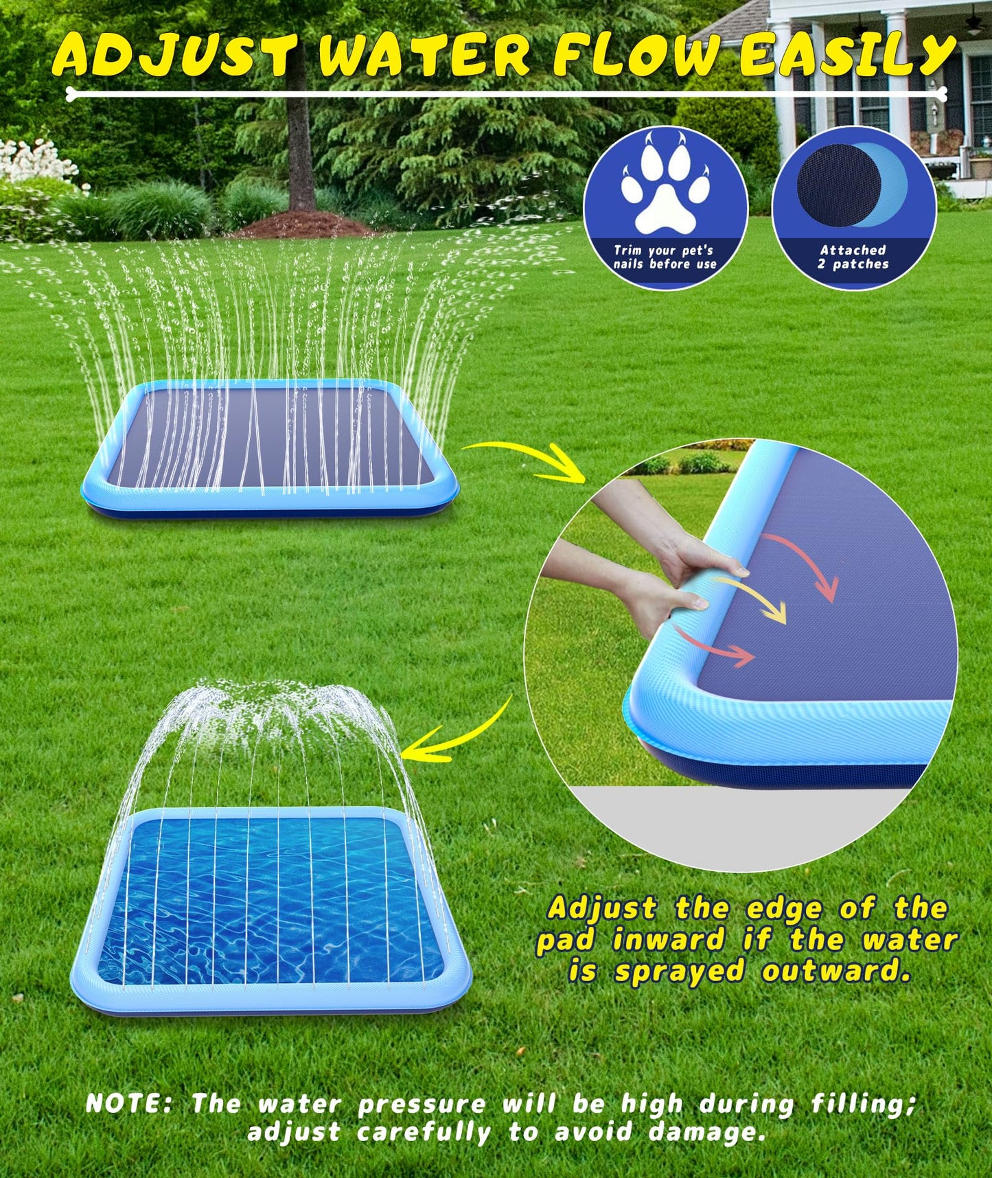 EPN Splash Pad, 155"- 110.24" Size Extra Large Sprinkler Play Mat for Dogs & Kids, Thicker Wading Pool Summer Outdoor Water Toys, Fun Backyard Fountain Play Pad for 3 Age+ Girls Boys Children & Pets