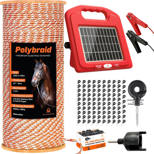 Pet & Livestock HQ - 1000ft Electric Polybraid Fence with 5 Mile Charger and 100 Insulators - 3 Product Bundle
